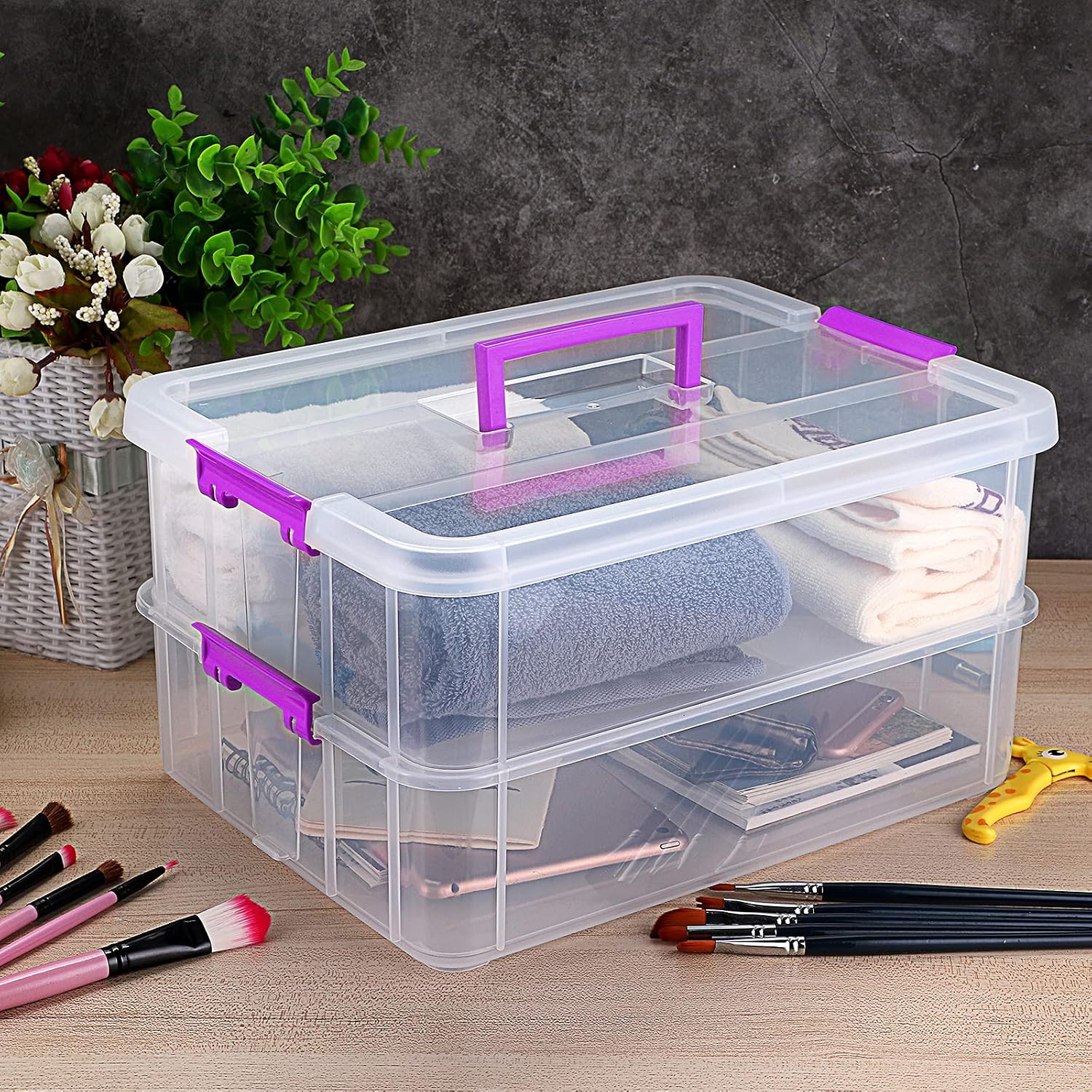 JUXYES 2-Tiers Plastic Stack Carry Storage Containers Box wih Handle Lids