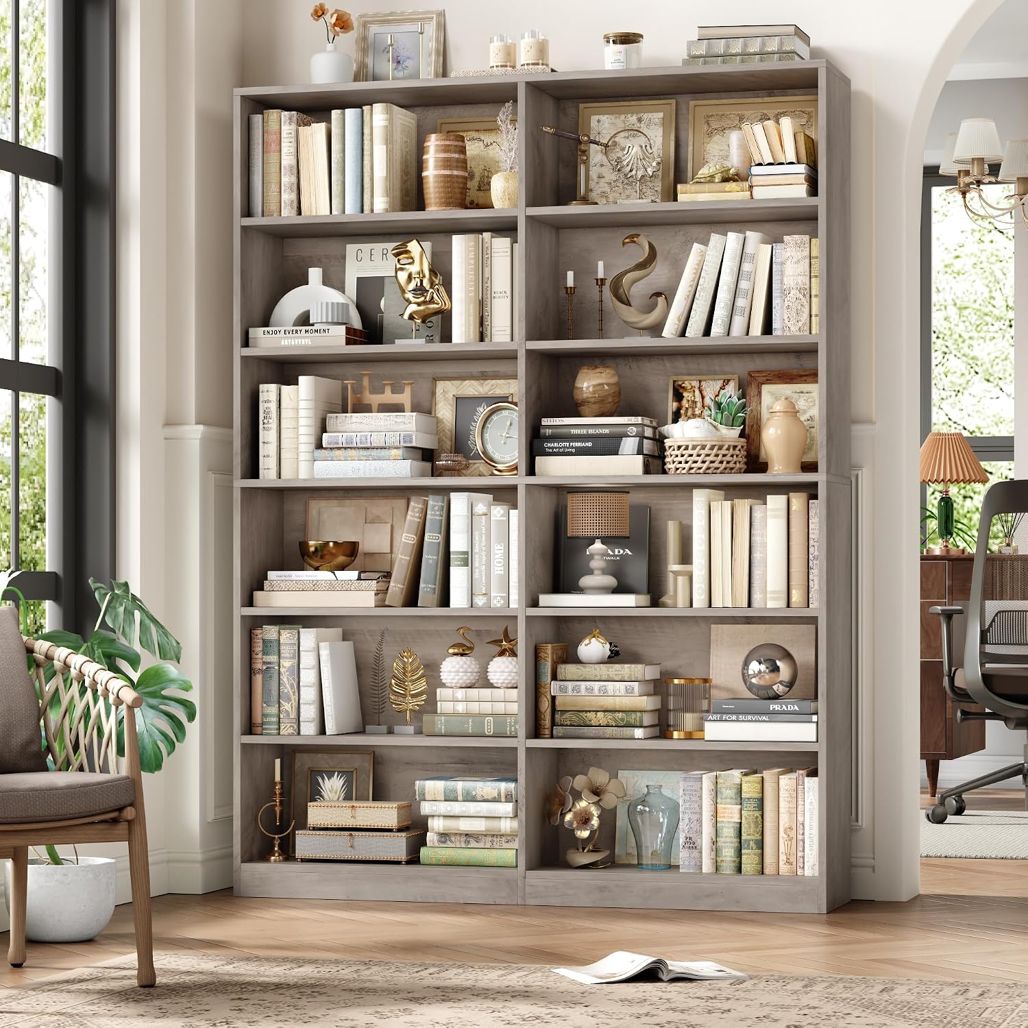 Bookshelf Tall Bookcase, 6-Tier Double Wide Bookshelves, White | Freestanding Display Storage Shelves, Tall and Large Book Shelves for Home Decor Bedroom, Living Room, Home Office, Library