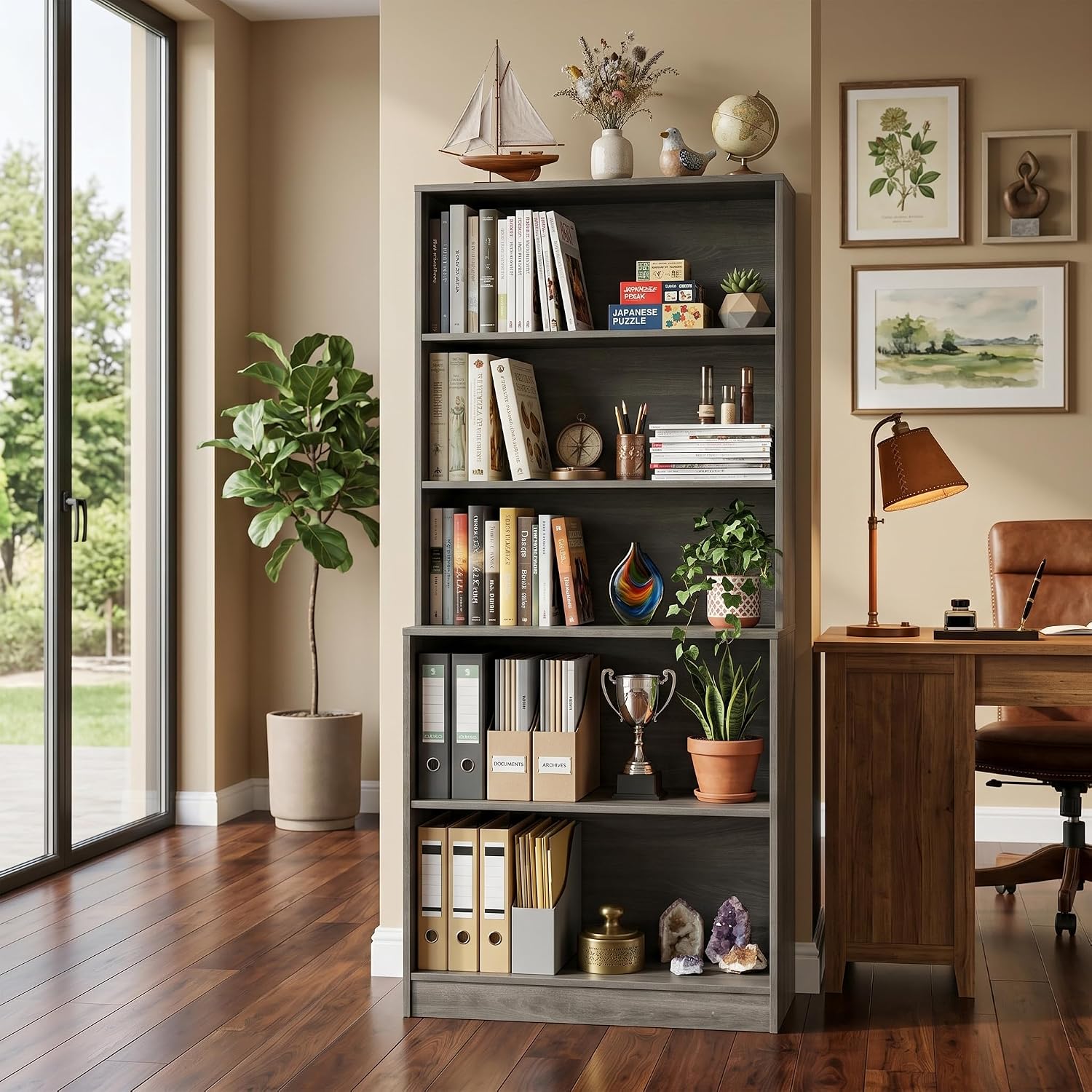 holzart 71" Tall Book Shelf, 5 Tier Large Bookshelf, Standing Wood Display Book Shelf for Living Room, Office, Library with Doors, 31.5" W x 70.87" H x 11.81" D, White