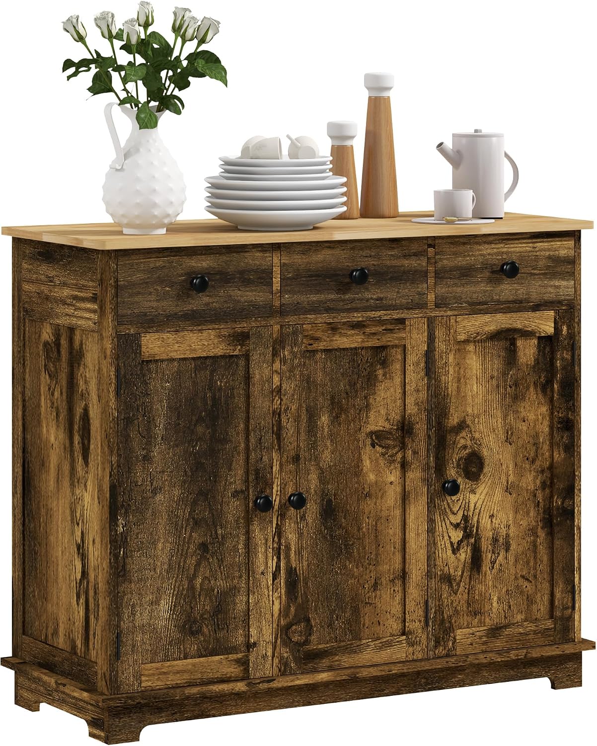 HOMCOM Sideboard Buffet Cabinet Solid Wood Countertop White