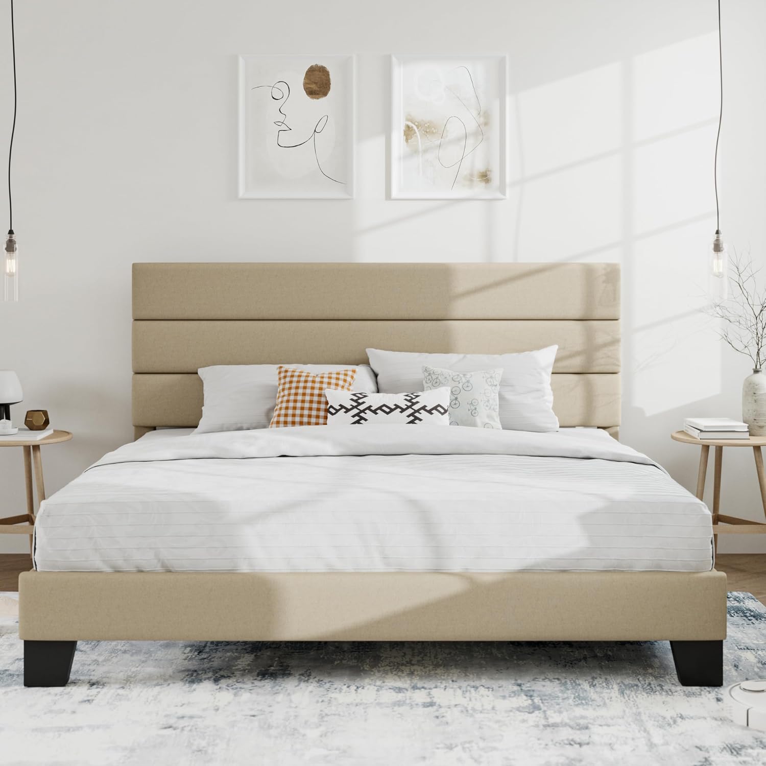 SHA CERLIN Full Platform Bed Frame with Upholstered Fabric Headboard, Grey