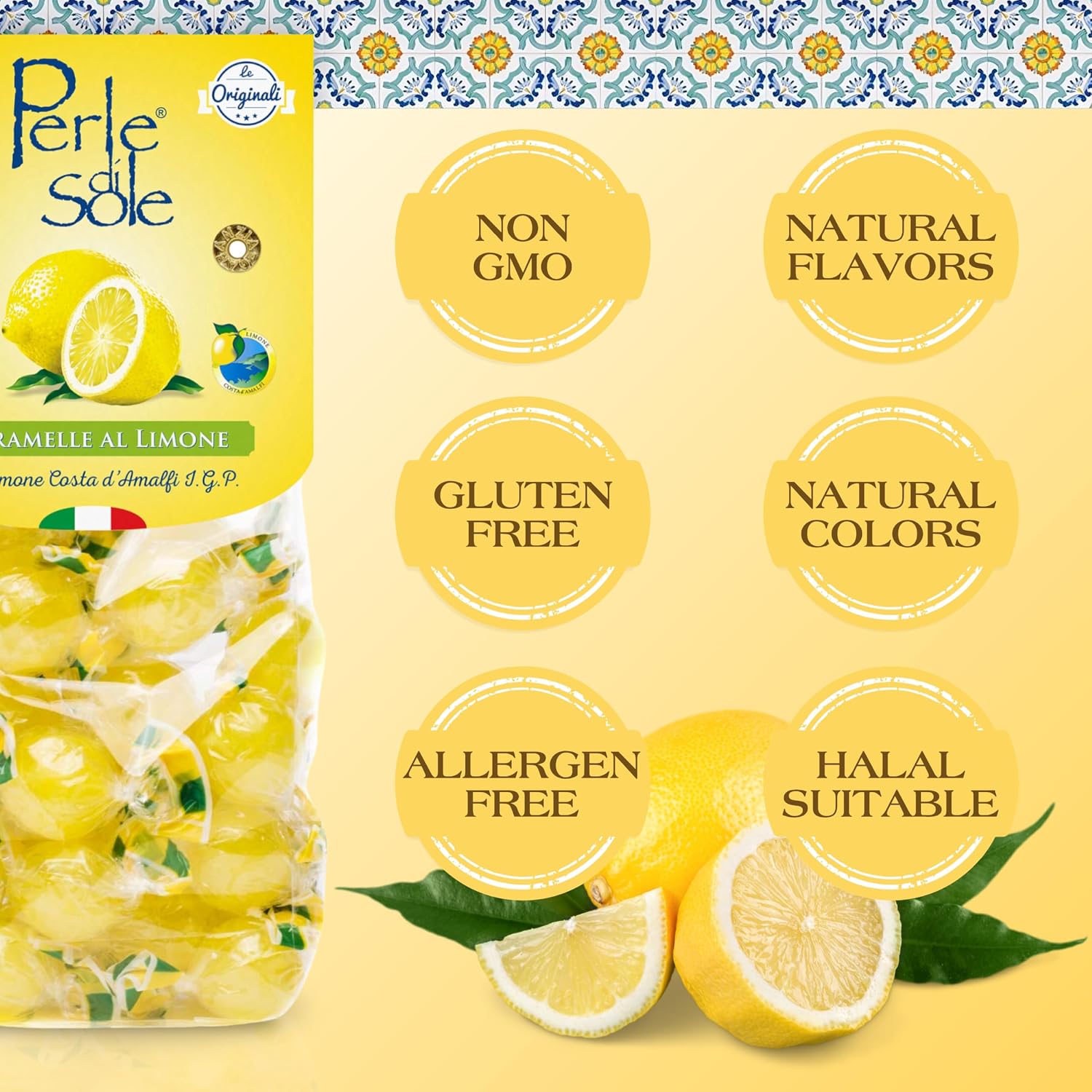 Perle di Sole Italian Lemon Drops Hard Candy Individually Wrapped (7.05 oz) Made with Essential Oils of Amalfi Coast P.G.I. Lemon - Italian Imported Gifts From Italy