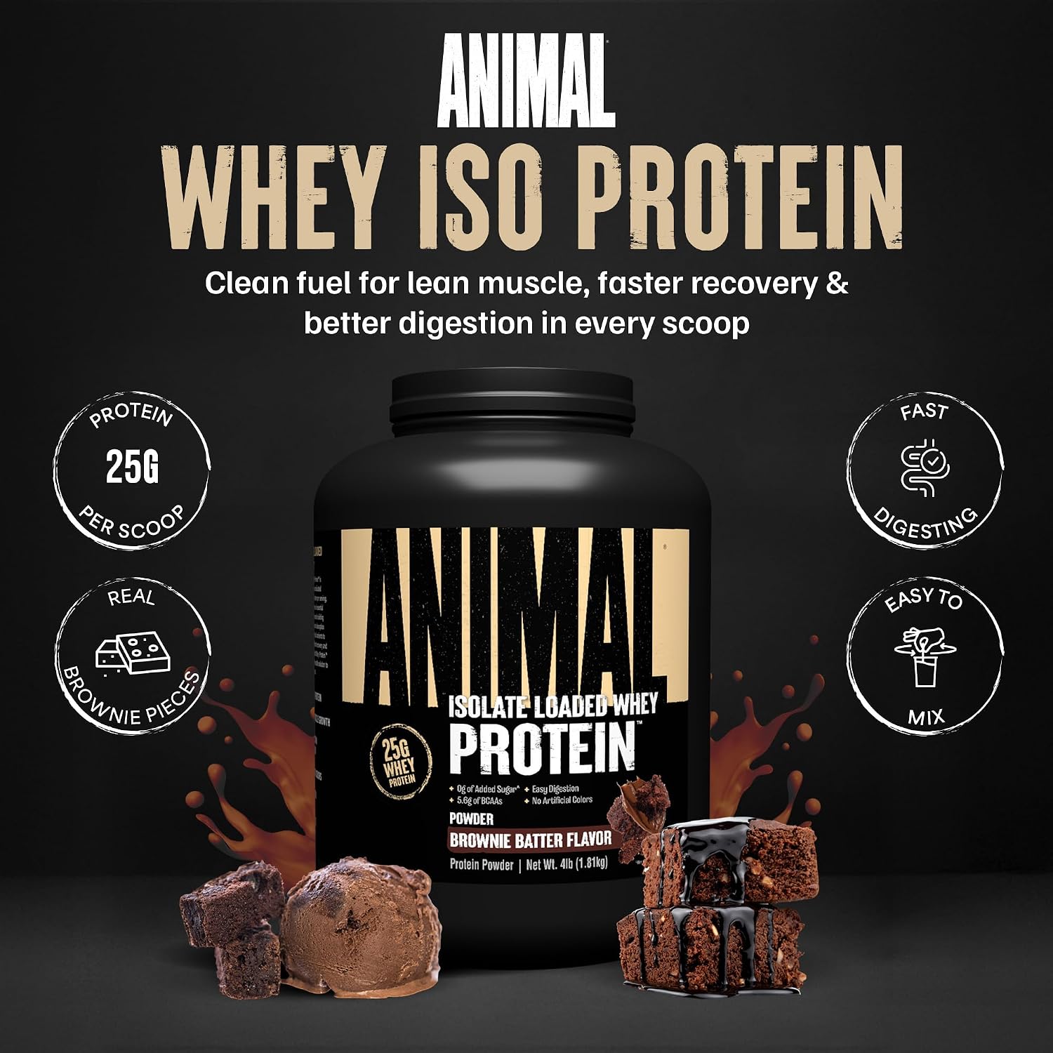 Animal Whey Isolate Protein Powder - Loaded for Pre & Post Workout Muscle Builder and Recovery with Digestive Enzymes for Men & Women - 25g Protein, Great Taste, Low Sugar - Chocolate 2 lbs