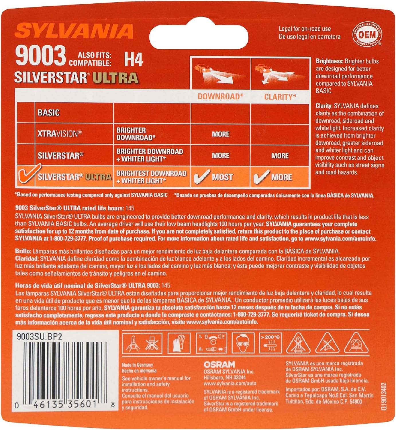 SYLVANIA - 9003 SilverStar Ultra - High Performance Halogen Headlight Bulb, High Beam, Low Beam and Fog Replacement Bulb