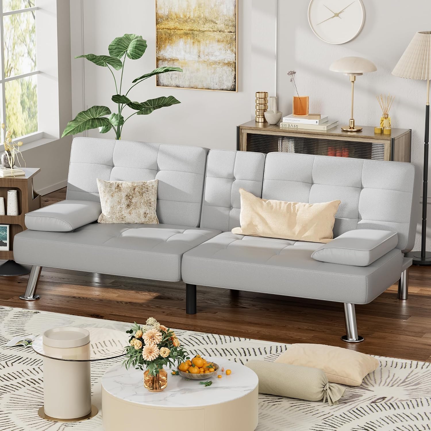 JUMMICO Faux Leather Futon Sofa Bed, Sleeper Sofa with Adjustable Backrest