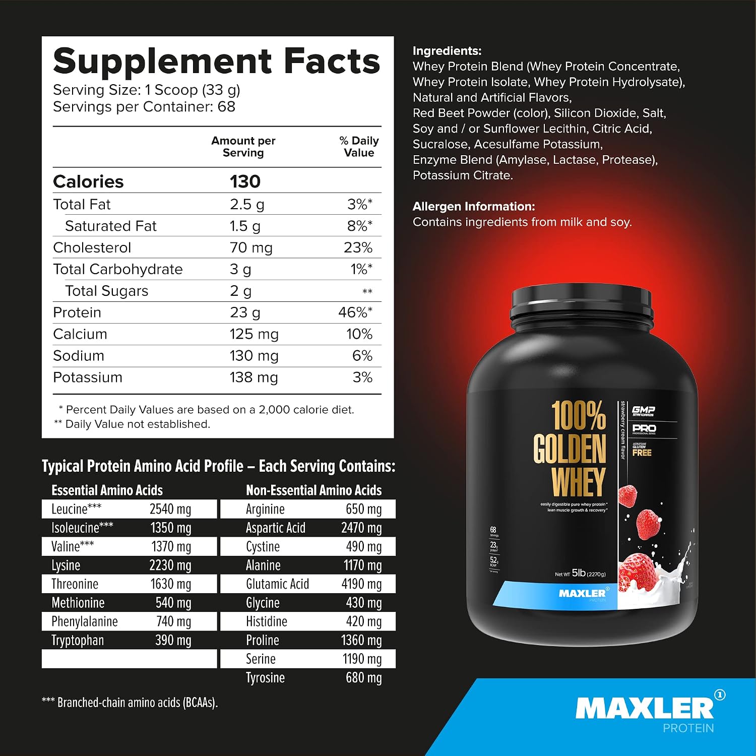 100% Golden Whey Protein - 24g of Protein per Serving - Whey Protein Powder for Pre Post Workout - Fast-Absorbing Whey Concentrate, Isolate & Hydrolysate Blend - Vanilla Ice Cream 2 lb