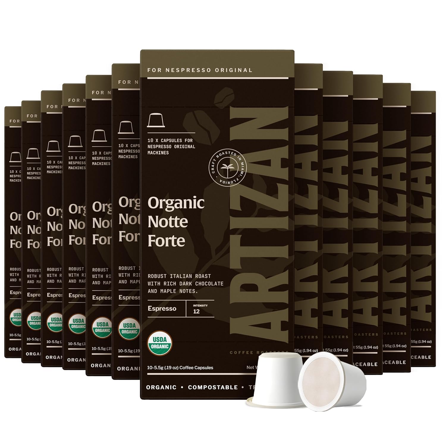 Artizan Coffee USDA Organic Espresso Coffee Capsules For Nespresso Original | Signature Blend Variety | 40 Compatible Compostable Pods