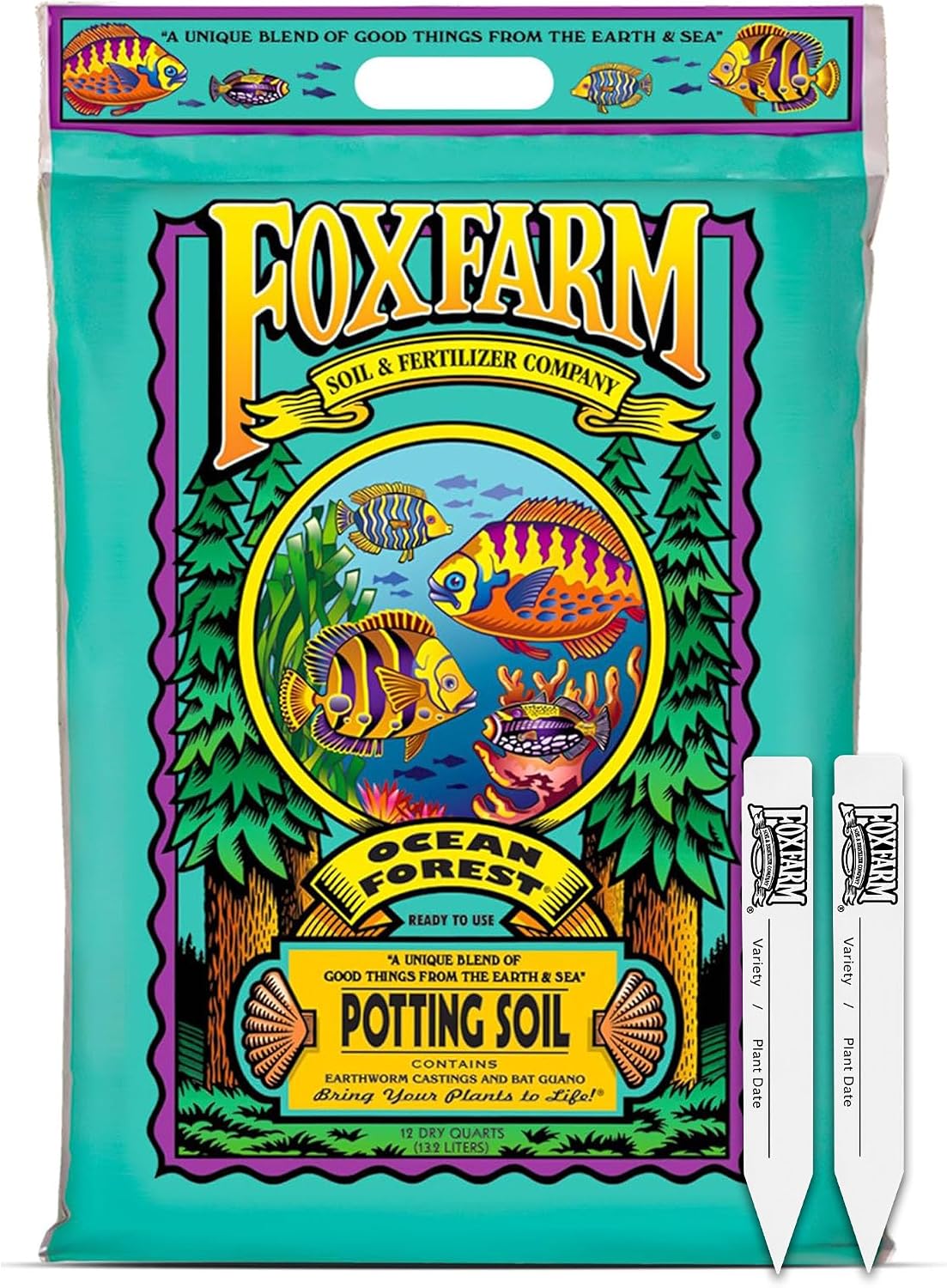 FoxFarm Ocean Forest Potting Soil for Container Gardens - Light, Aerated Texture with Fish Meal, Crab Meal, Earthworm Castings - Houseplant Potting Mix for Seedlings & Plant Starts - 4 x 12 Quart