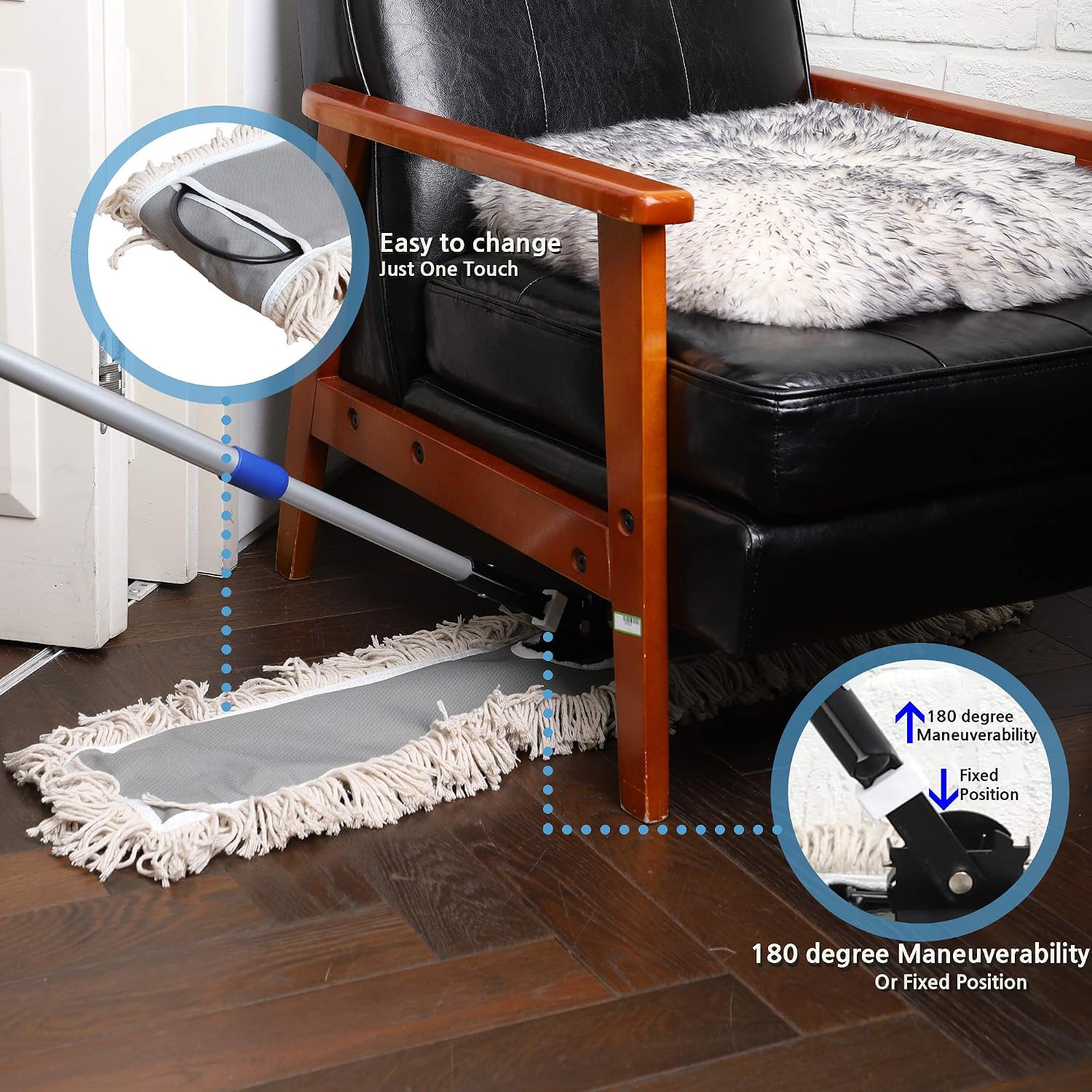 24" Industrial Cotton Floor Dust Mop with adjustable Steel Handle - Commercial Mops for Hardwood, Tiles, Laminate, Vinyl, Garage epoxy, Bamboo surface cleaning and Flooring Push Dust Broom