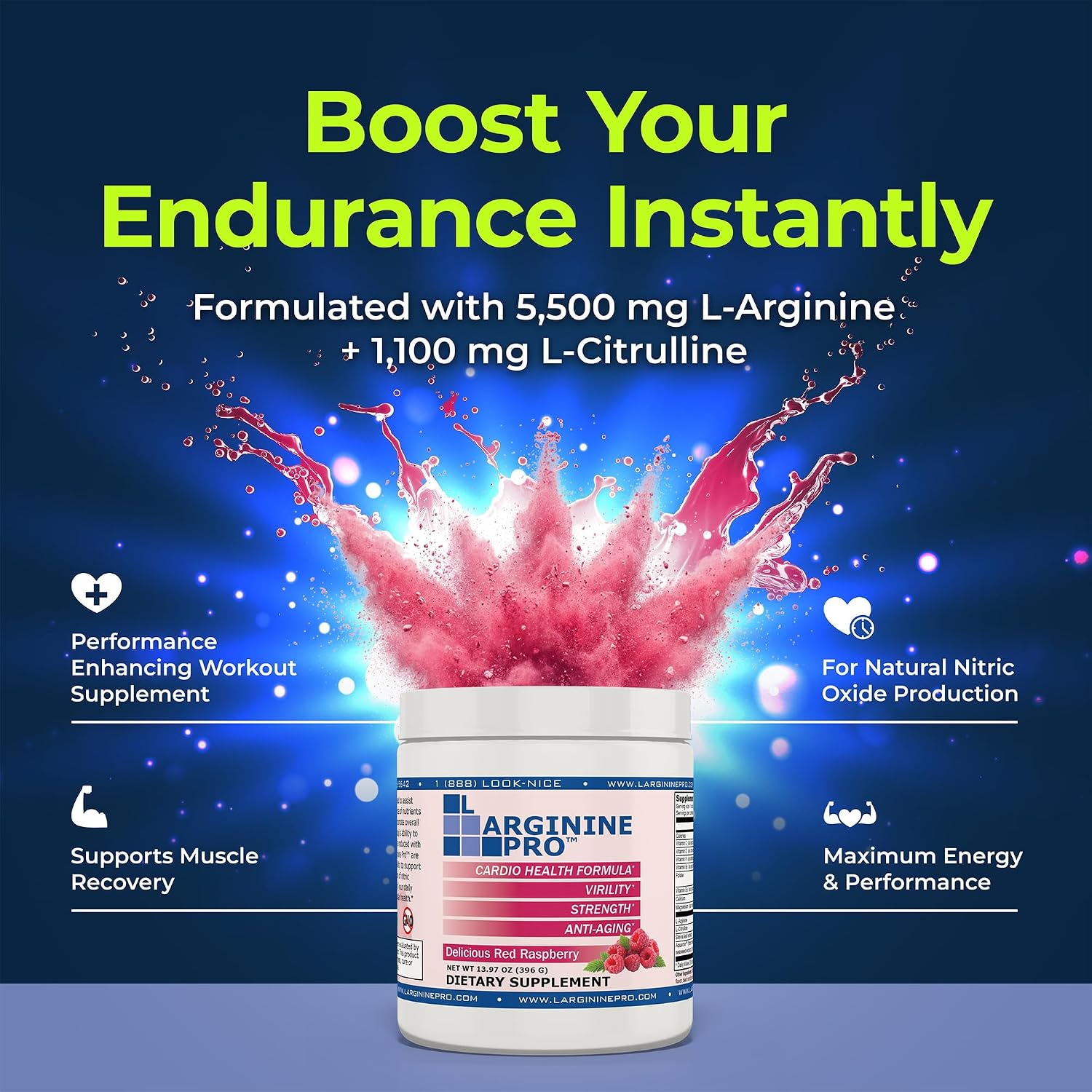 | 5, 500mg L-Arginine Plus L-Citrulline 1, 100mg | Powder Drink Mix | Nitric Oxide Booster | Supports Pre Workout Energy