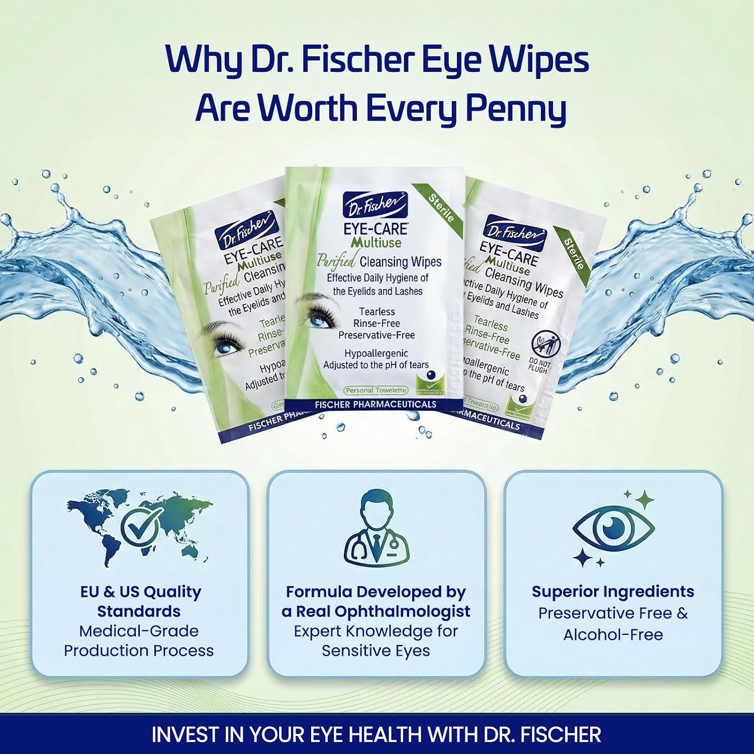 Dr. Fischer Eyelid Wipes - Hypoallergenic Preservative-Free Eye Cleansing Wipes for Sensitive Eyelids (Twin Pack).