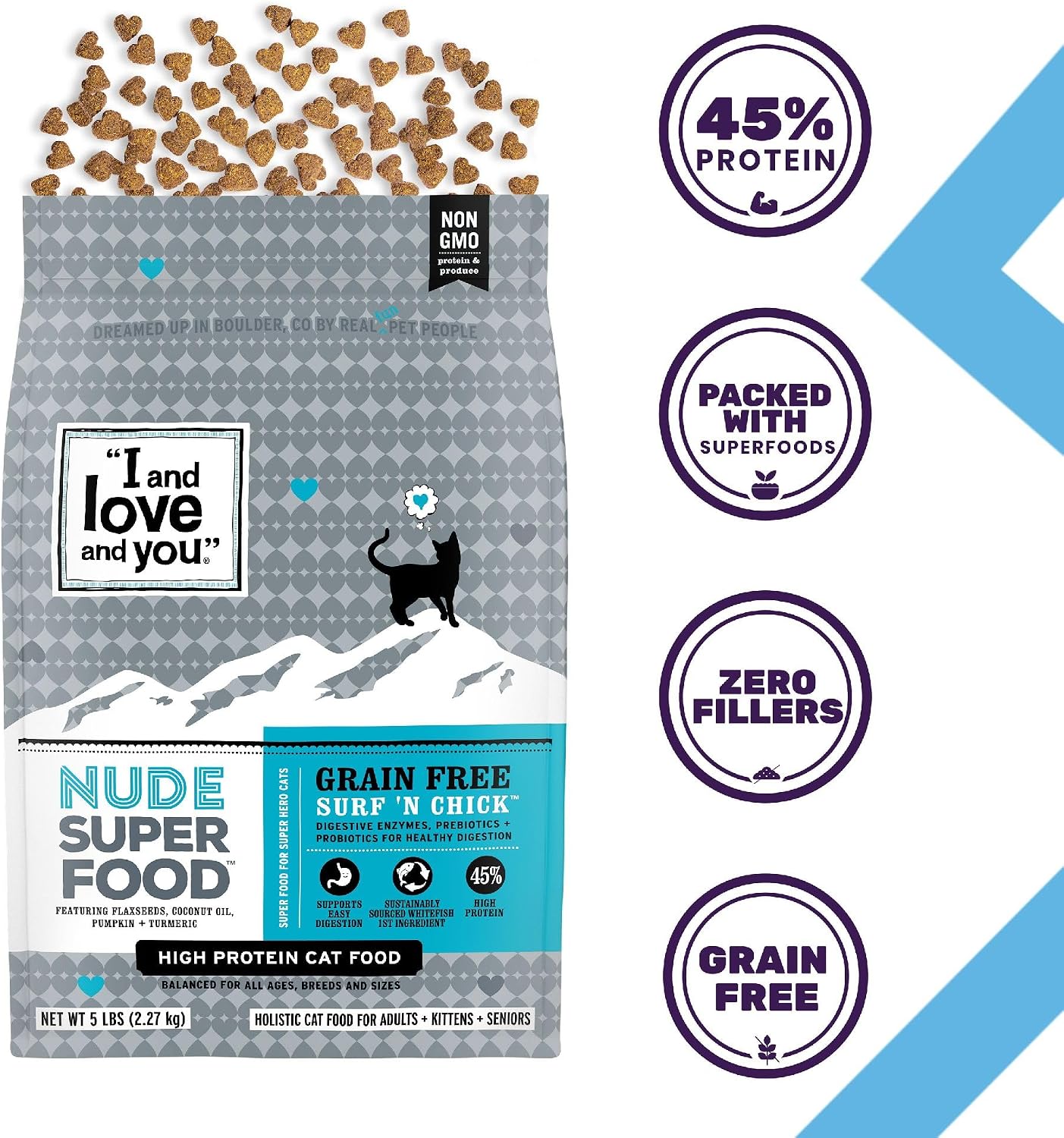I and love and you Nude Super Food Dry Cat Food - Turkey + Chicken - Grain Free, High Protein, No Fillers, Superfoods, 5lb Bag