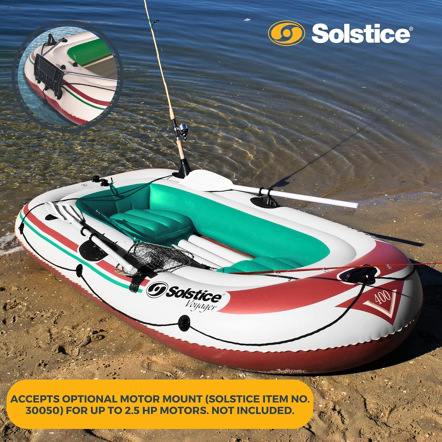 Solstice Voyager 4-Person Inflatable Fishing Boat with Dual Swivel Oar Locks and Rod -Holder, Motor Compatible 9' x 5'