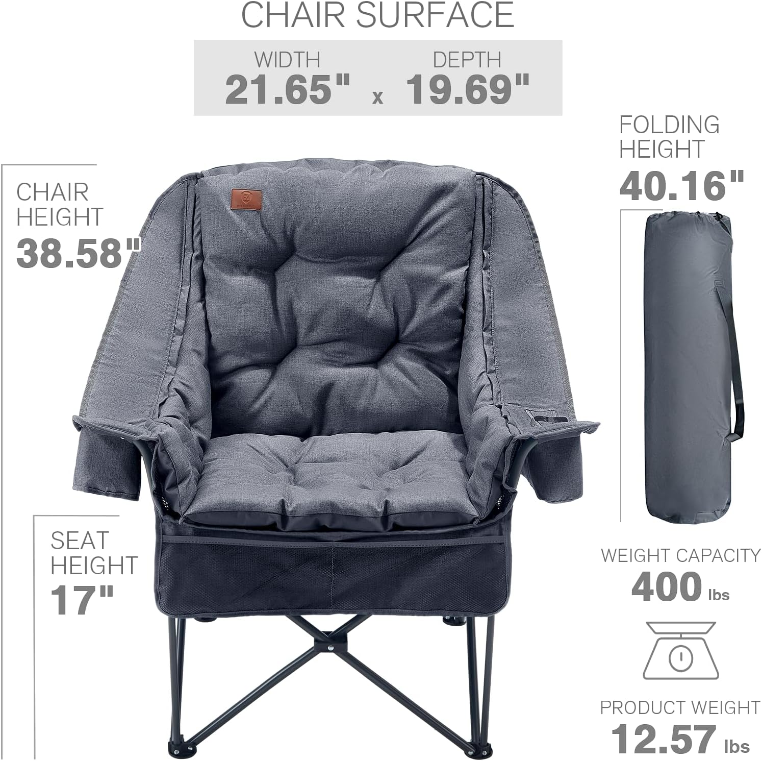 EVER ADVANCED XL Camping Chair with Detachable Cushion Supports 400LBS Grey