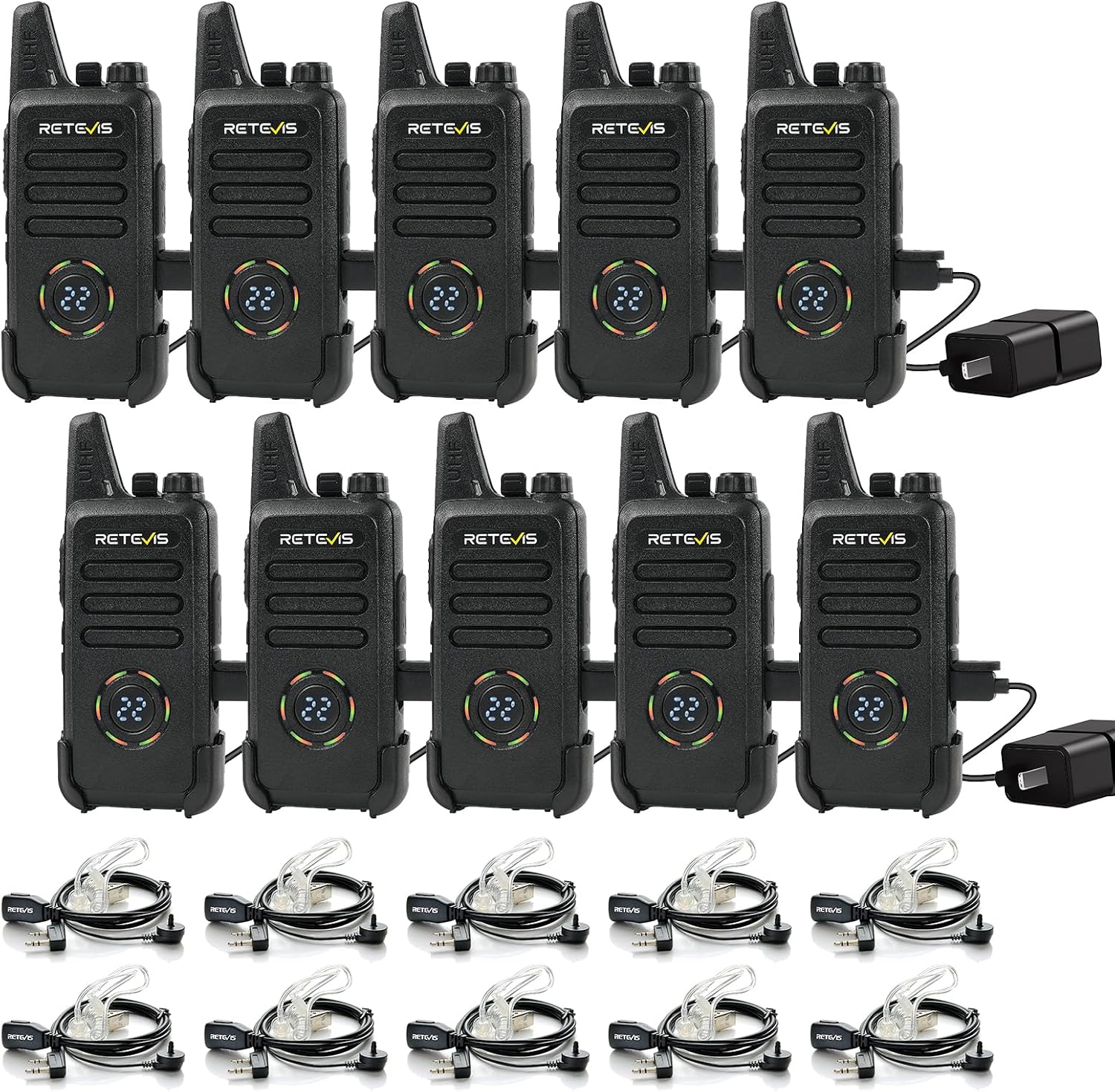 Retevis RT22S Walkie Talkies for Adults, 2 Way Radio with Earpiece(10 Pack) | For Daycare, Hospitality&Retail, Intuitive Channel Display