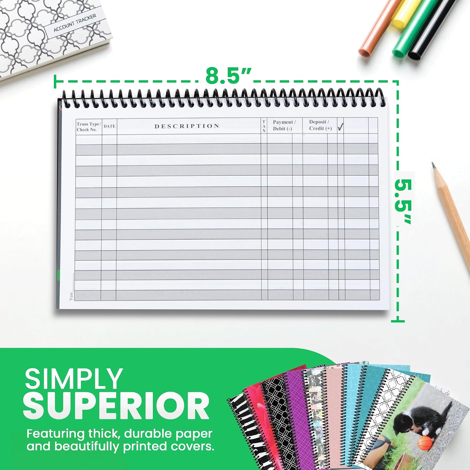 The Superior Register - Simple Account Tracker - Big Checkbook Register & Financial Ledger - Debit Card Register - Bank Register - 1 Pack, Teal, Wide Edition