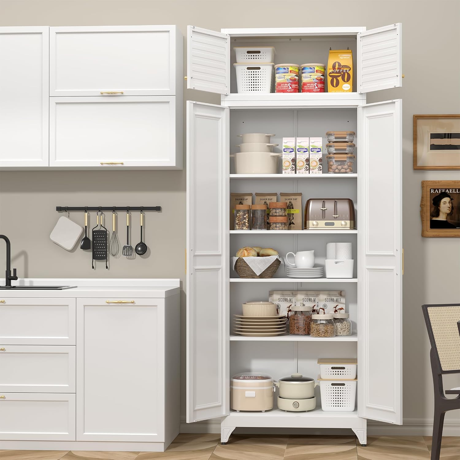 Steeloong 71"Metal Pantry Storage Cabinet with Doors & 4 Adjustable Shelves | Kitchen Pantry Cabinet,White Kitchen Cabinet with 2 Gold Handles,Tall Cabinet for Livingroom,Pantry, Bathroom,Kitchen