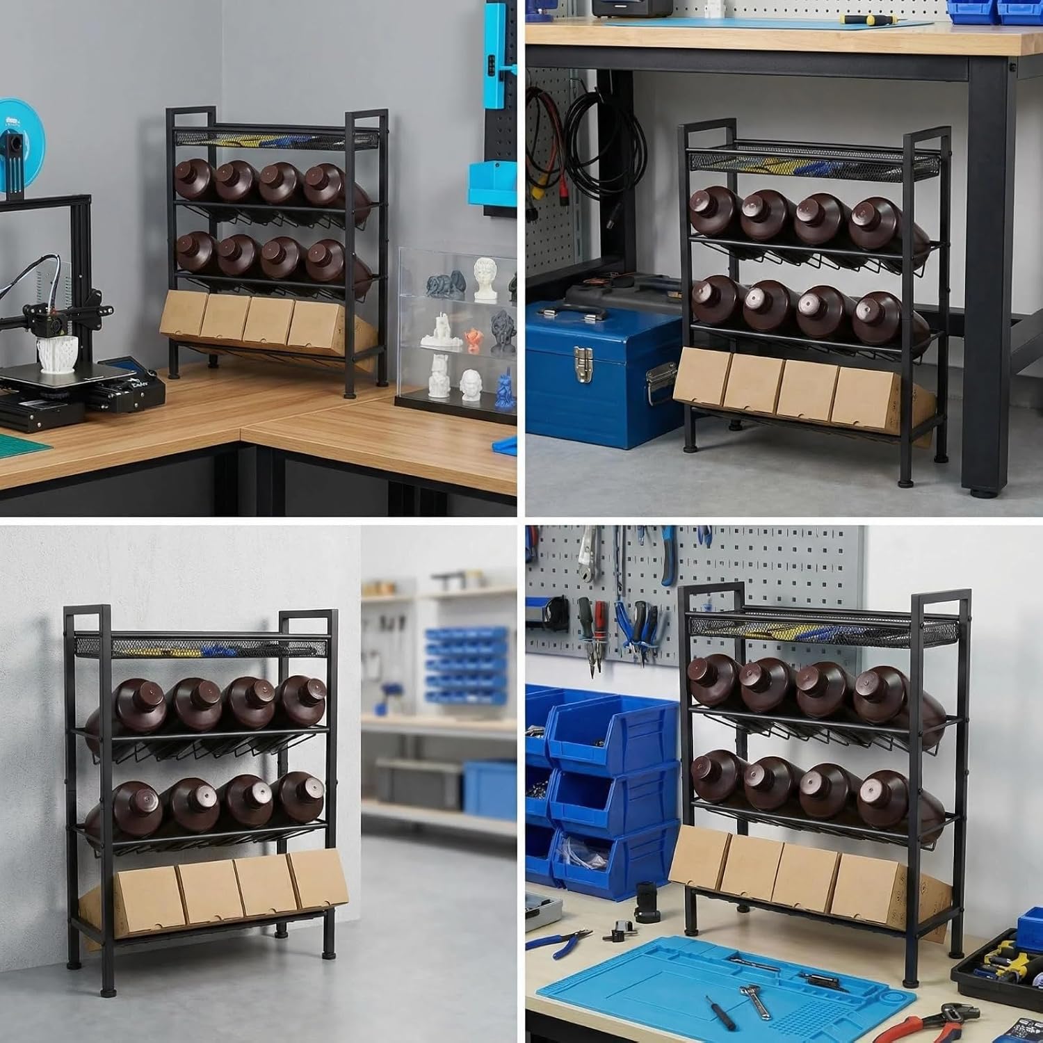 3D Printer UV Resin Bottle Storage Rack, 4 Tier 12 Bottles (1kg) | Carbon Steel Grid Design Heavy Duty Holder