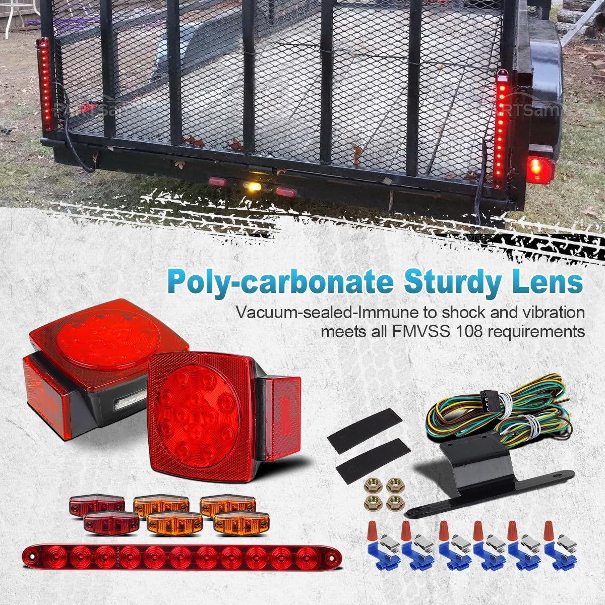 Partsam Submersible Under 80" LED Trailer Light Kit, Square Stop Turn Tail RV Truck Lights w/Wire &Bracket, Red/Amber Side Fender Marker Lamps
