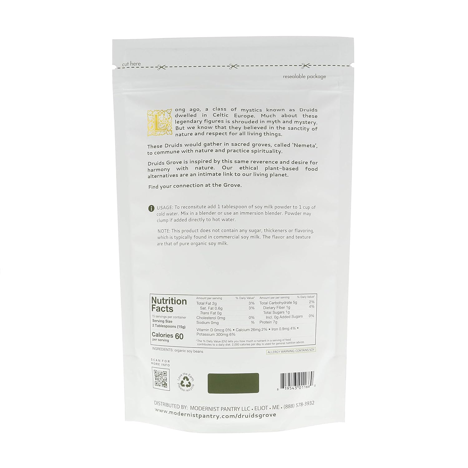 Druids Grove Soy Milk Powder Vegan ⊘ Non-GMO Gluten-Free OU Kosher Certified - 8 oz.