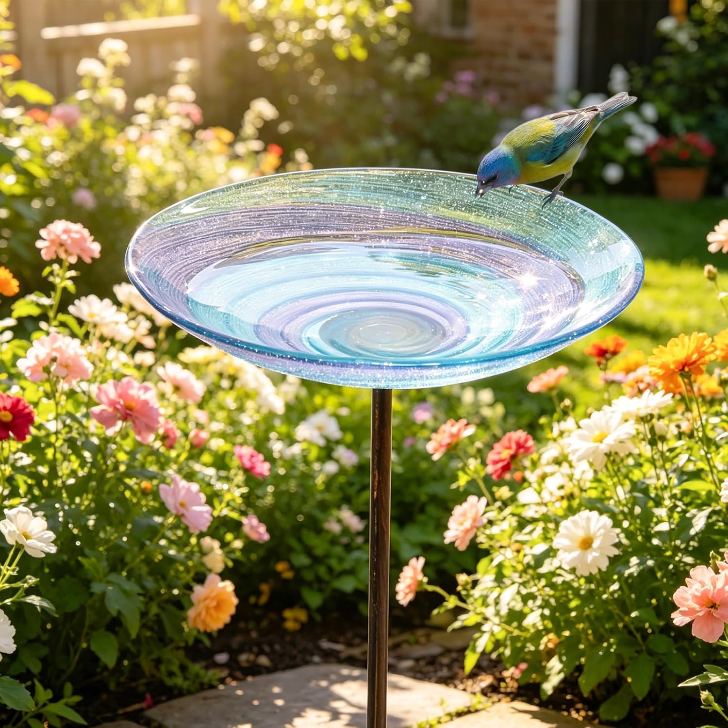 VCUTEKA Glass Bird Bath Outdoor BirdBath Garden Birdfeeder with Metal Stake