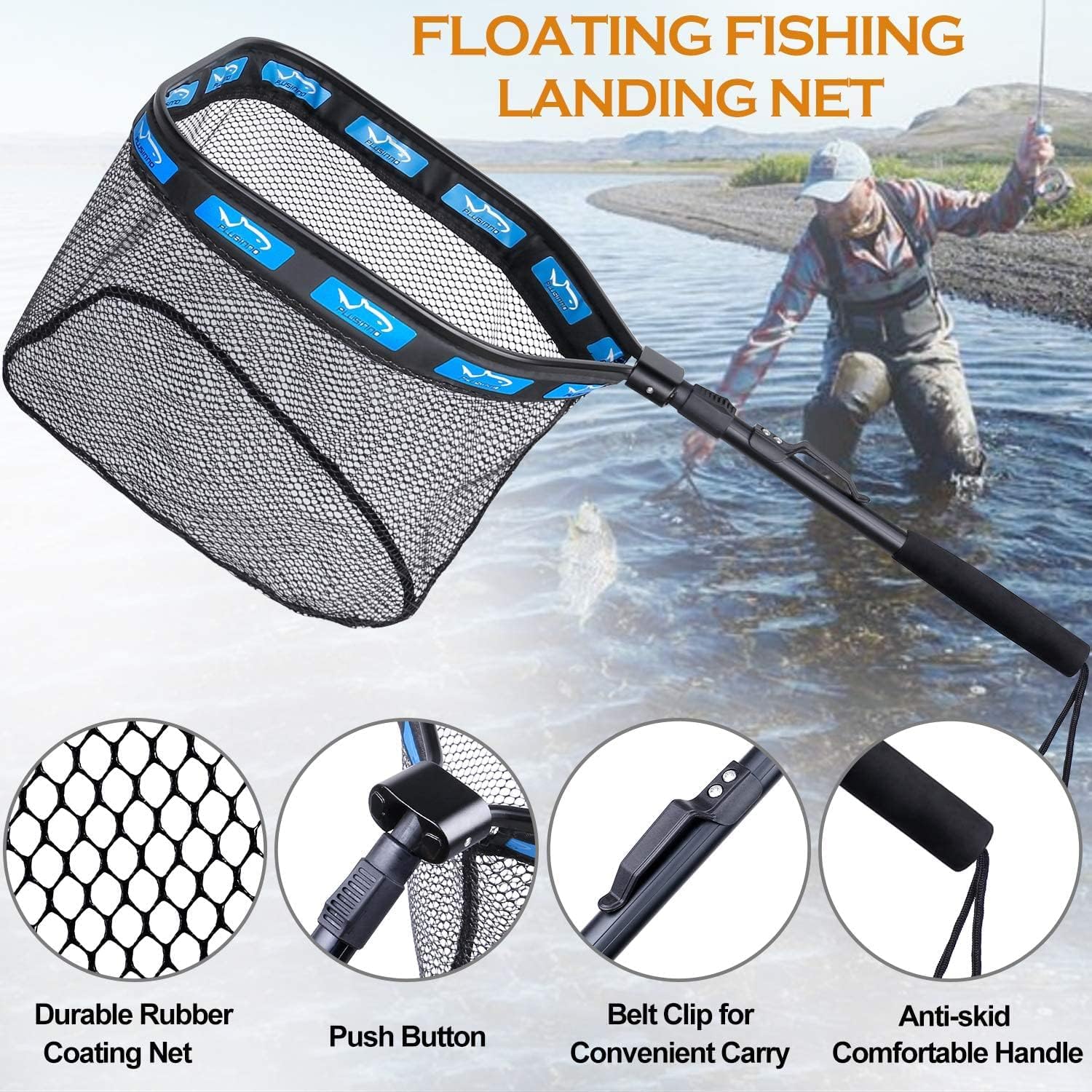 PLUSINNO Floating Fishing Net for Steelhead, Salmon, Fly, Kayak, Catfish, Bass, Trout Fishing