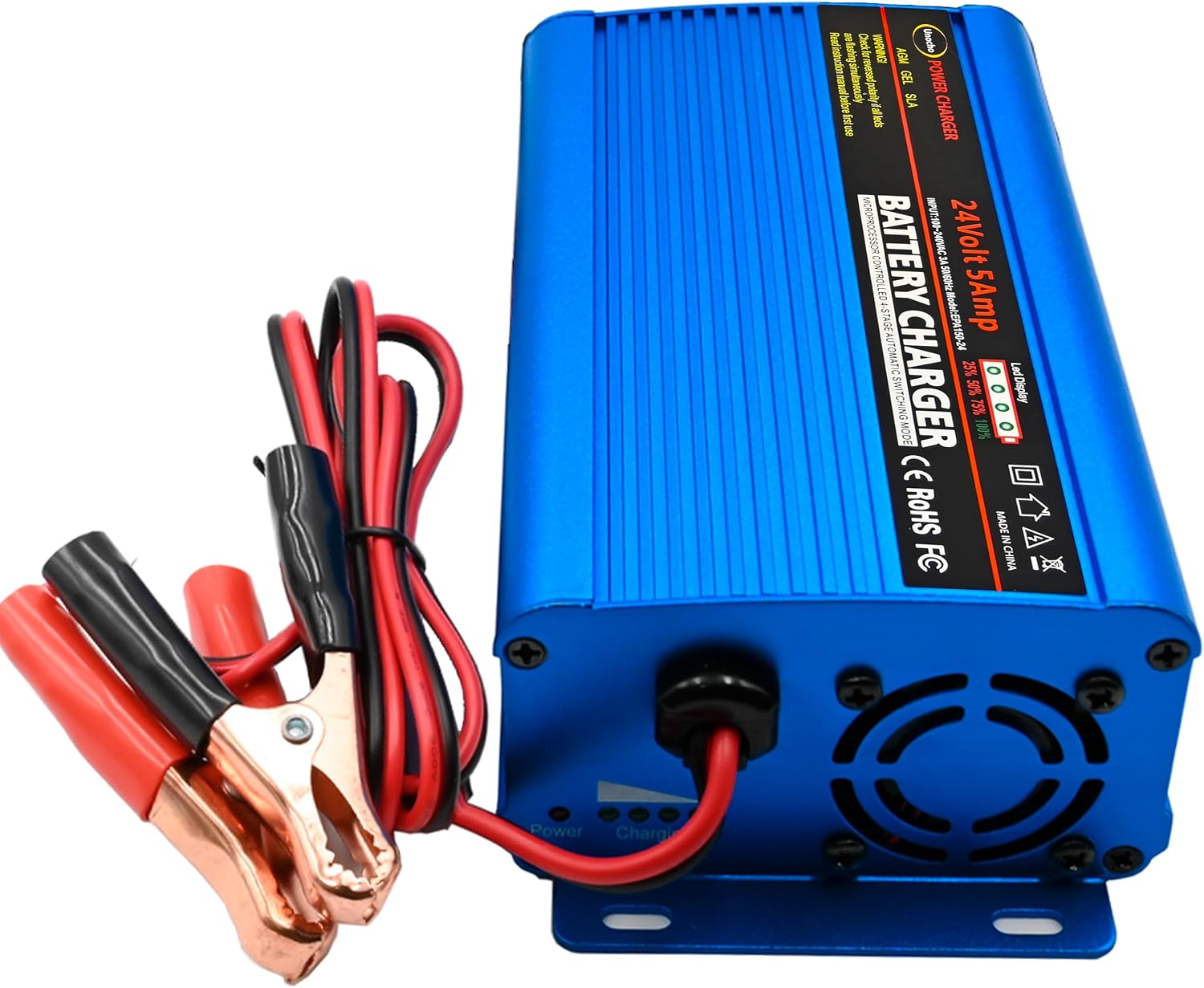 Unocho 24V 5A Battery Charger Maintainer 4-Stage Smart Lead-Acid Charger with 3-Pin XLR Connector Power Switch and LED Display for Wheelchairs Mobility Scooters AGM Gel SLA VRLA