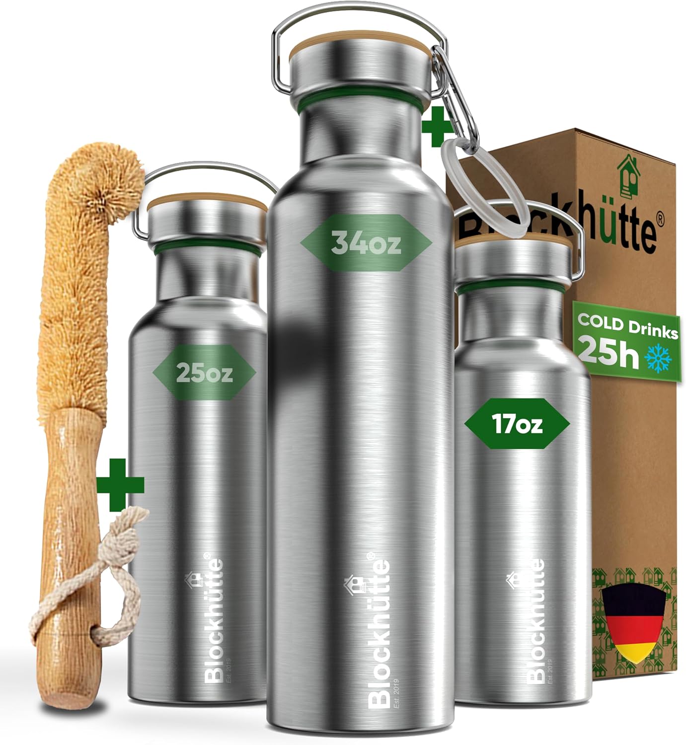 Blockhütte Vacuum Insulated Stainless Steel Water Bottle - 17 oz I Wide Mouth Metal Bottle for hot and cold drinks I BPA-Free I perfect for Travel