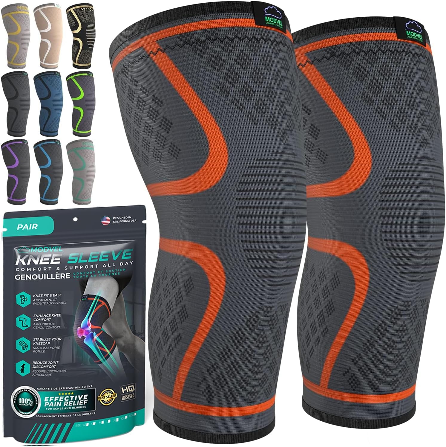 Modvel Compression Knee Brace for Women & Men - 2 Pack Knee Brace for Women Running Knee Pain, Knee Support Compression Sleeve
