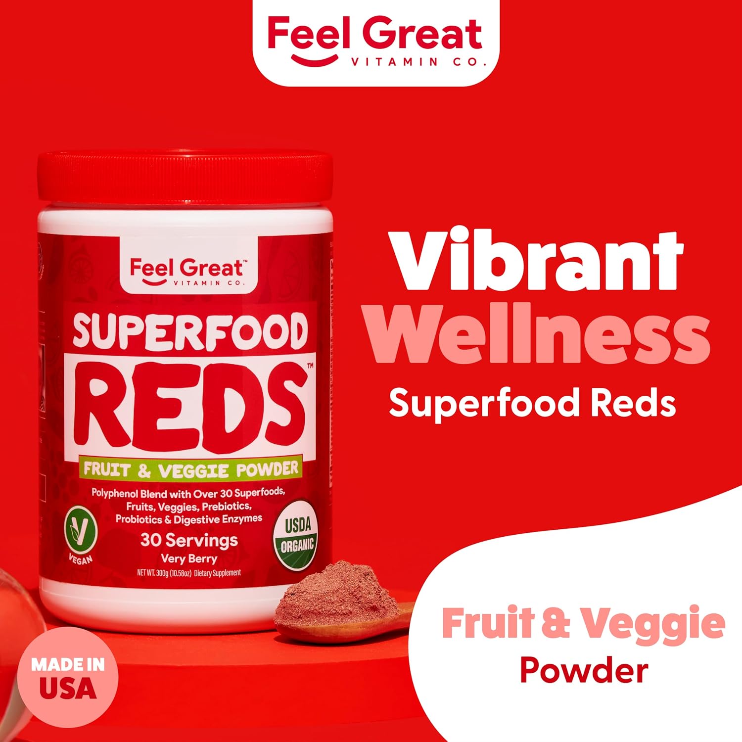 ​Feel Great Organic Superfood Reds Powder Packed with Beet Root Powder | Digestive Support Including Bloating Relief | Fruit and Veggie