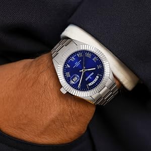 Men&amp;amp;#39;s 40mm Blue Face Fluted Bezel Steel Bracelet Watch
