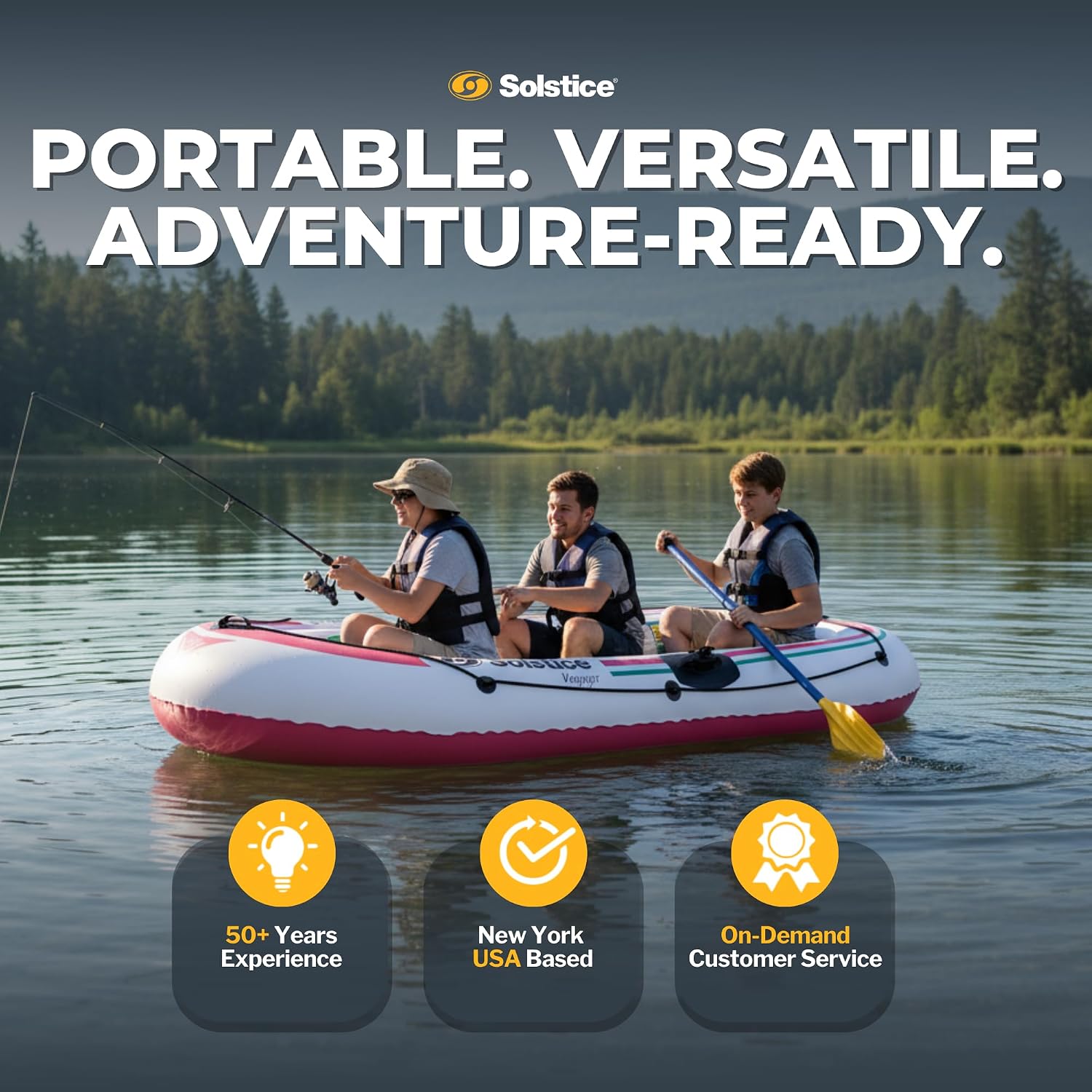 Solstice Voyager 4-Person Inflatable Fishing Boat with Dual Swivel Oar Locks and Rod -Holder, Motor Compatible 9' x 5'