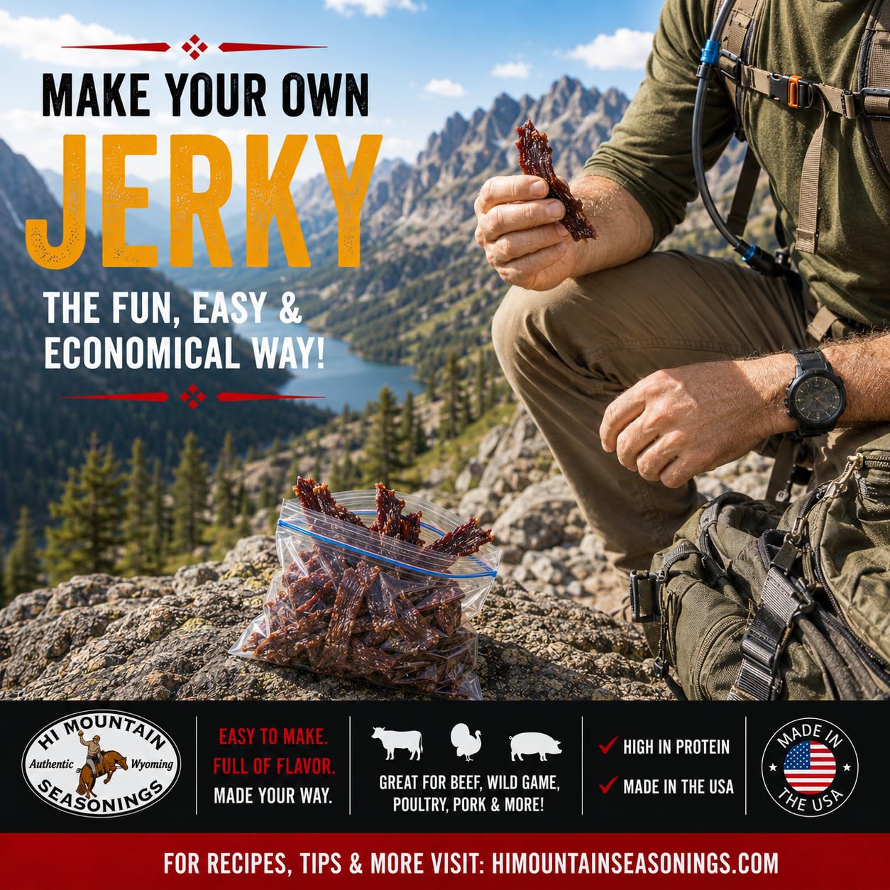 Hi Mountain BOLD & SAVORY Jerky Seasoning and Cure Kit | Variety Pack | Bold & savory flavors: Mandarin Teriyaki, Pepperoni, Sweet & Spicy, Inferno, & Pepper, Beef, Venison, Deer, Elk, Up to 20 lbs