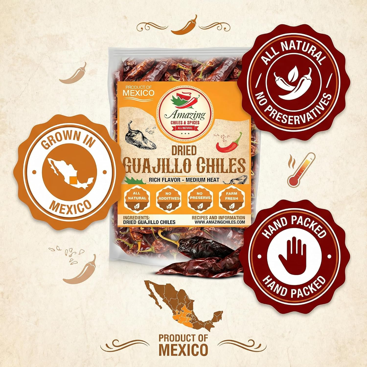 Guajillo Chiles Peppers Dried Whole 4 oz – Natural and Premium. Great For Mexican Recipes Like Mole, Tamales, Salsa, Meats. Mild to Medium Heat, Complex Fruity Flavor. Resealable Bag