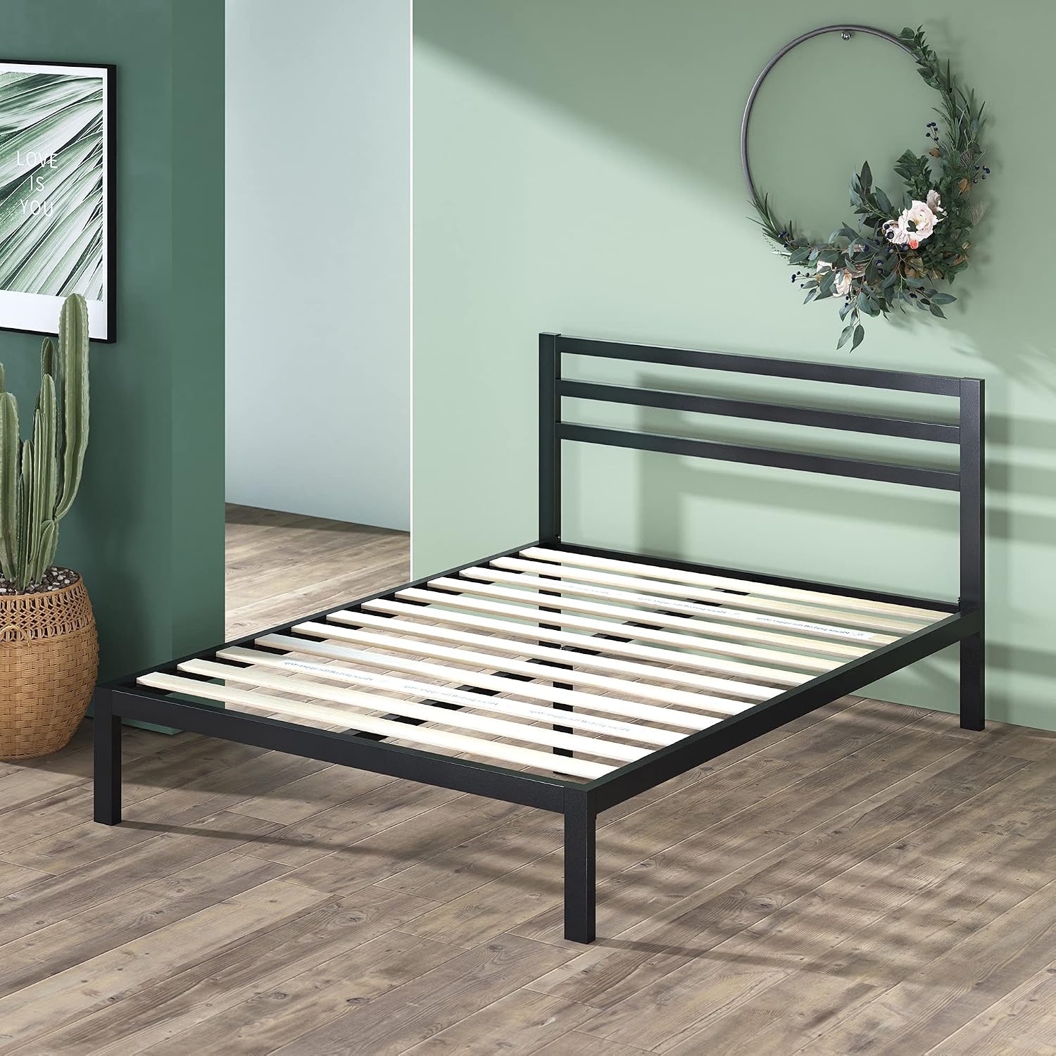 ZINUS Mia Metal Platform Bed Frame with Headboard, Wood Slat Support, No Box Spring Needed, Easy Assembly, Queen