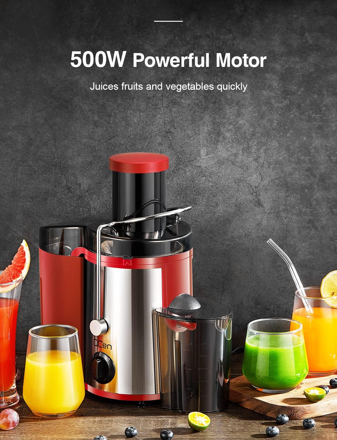 QCen Juicer Machine 500W Centrifugal Juicer with Extra Wide Feed Chute