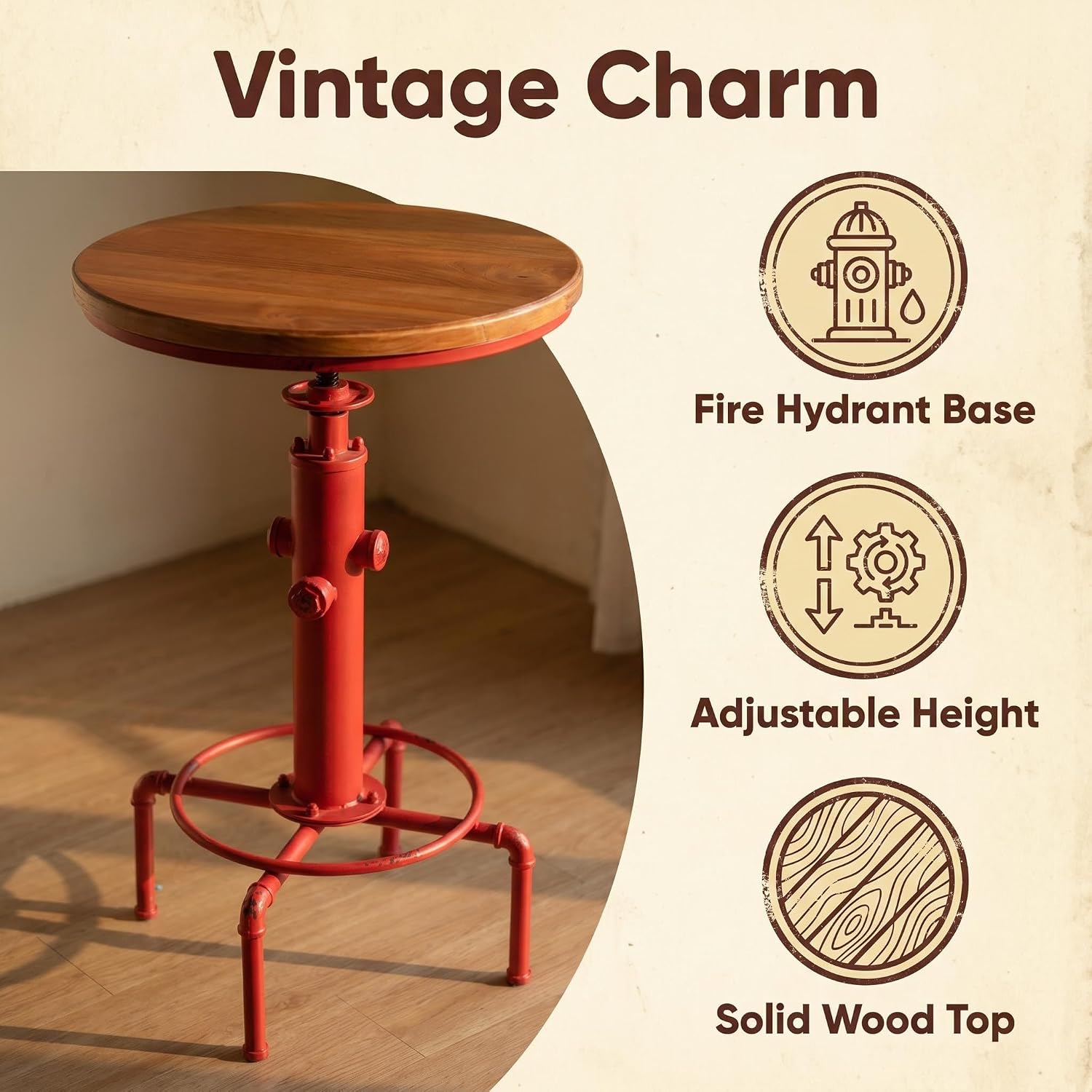 Topower Industrial Bar Table 32.3-38.2" Adjustable Pub Table Kitchen Dining Coffee Bistro Table (Red)