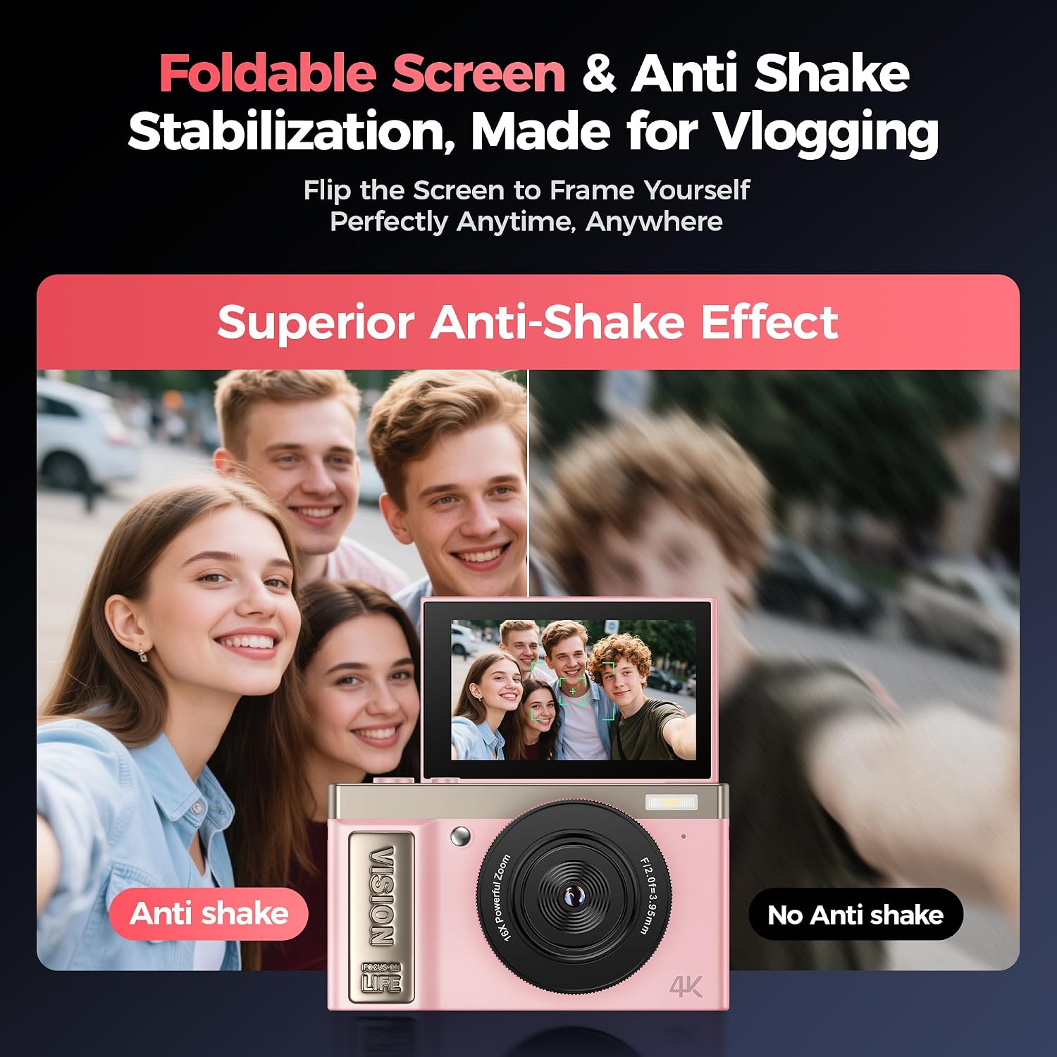 4K Digital Camera Pink for Girls Teens: 64MP Vlogging Camera with Flip Screen - 16X Zoom - Cute Compact Cam for Photography and YouTube –