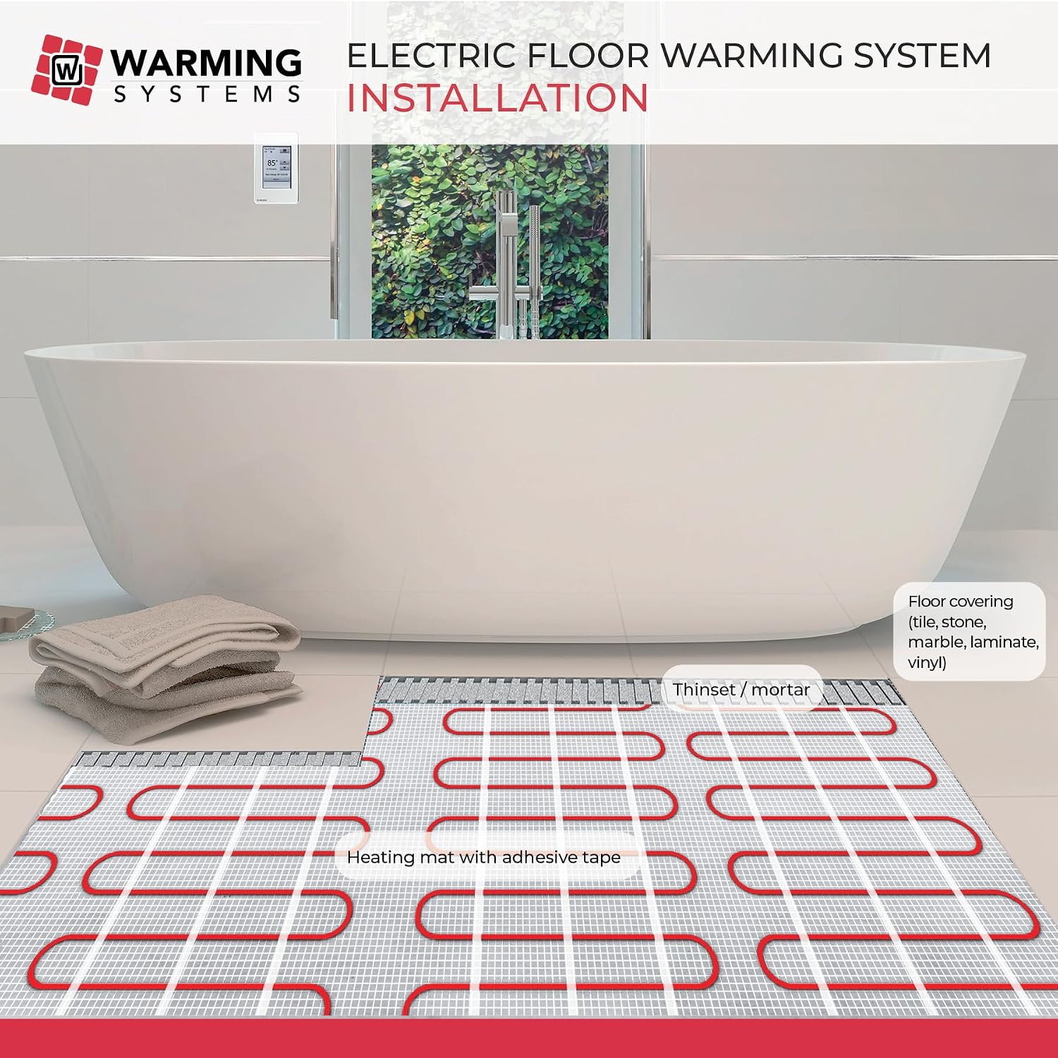 40 Sq Ft 120V Electric Floor Heating System Mat Kit | Premium UDG4-4999 touchscreen thermostat with built-in GFCI, Heating mat, floor sensor & installation monitor included.