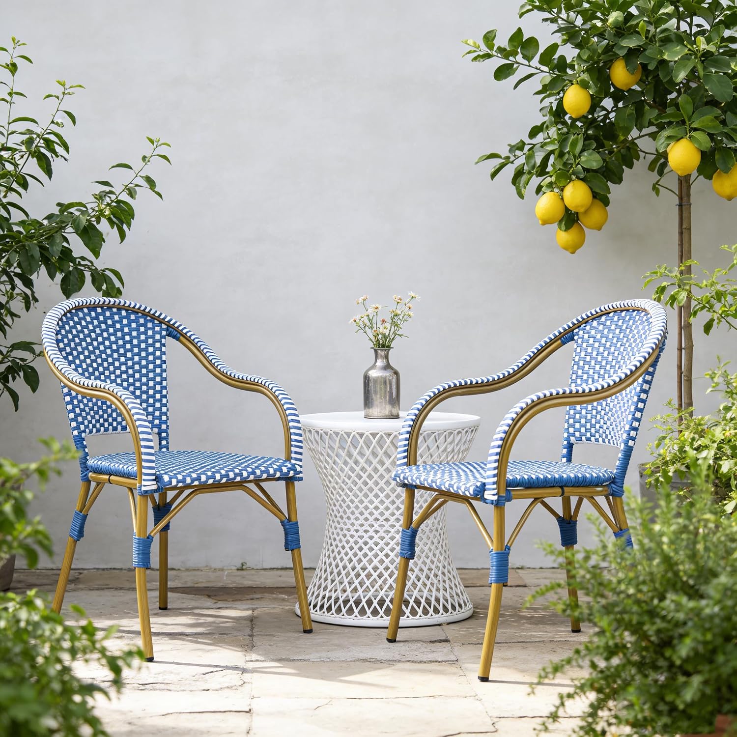 Christopher Knight Home Gwendolyn Outdoor French Bistro Chairs (Set of 4), Black + White + Bamboo Print Finish