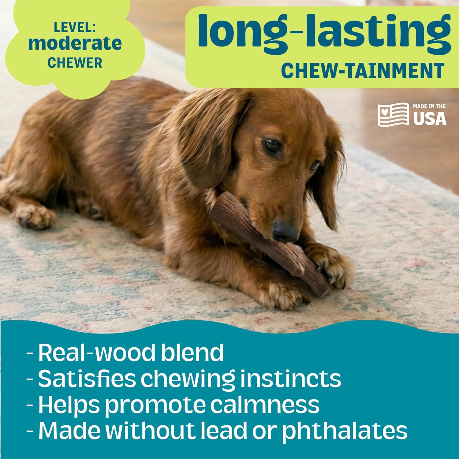 Pupstages Dogwood Dog Chew Toy, Made in the USA – Real-Wood Blend, Natural Flavor & Texture, Moderate Chewers, Small, 5.4"