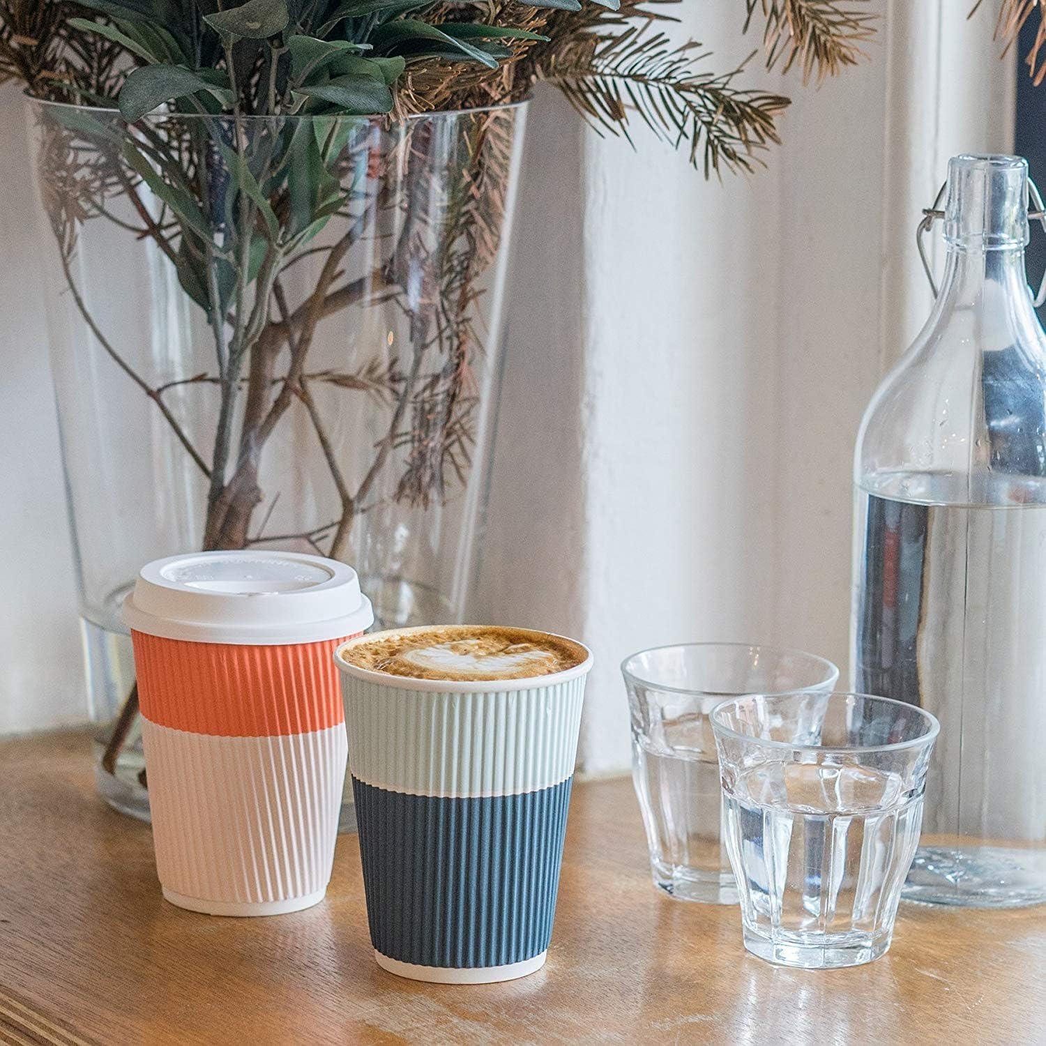 Disposable Coffee Cups With Lids - (80 set) 12 oz Paper To Go Coffee Cups With Resealable Lids Prevent Leaks! Travel Insulated Hot Beverage Drink Cup. Will Not Bend With Heat or Burn Fingers