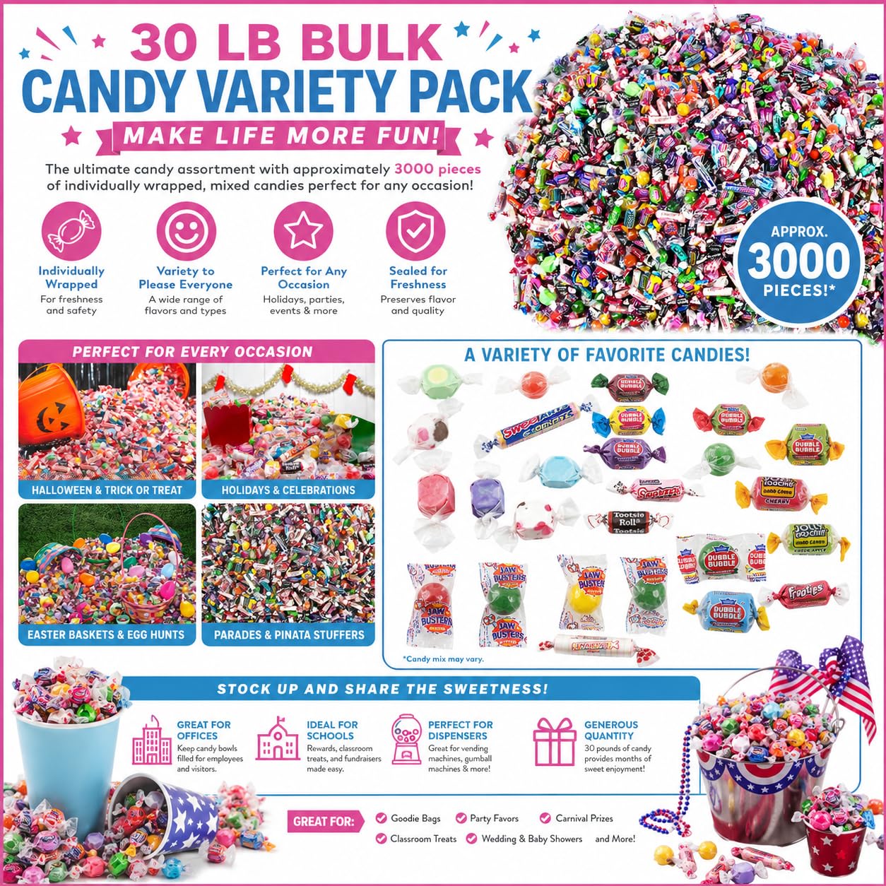 Fun Express Bulk Candy Variety Pack 30 lb, Approx 3000 Pieces | Individually Wrapped Assorted Candy, Halloween Trick Or Treat, Party Favors