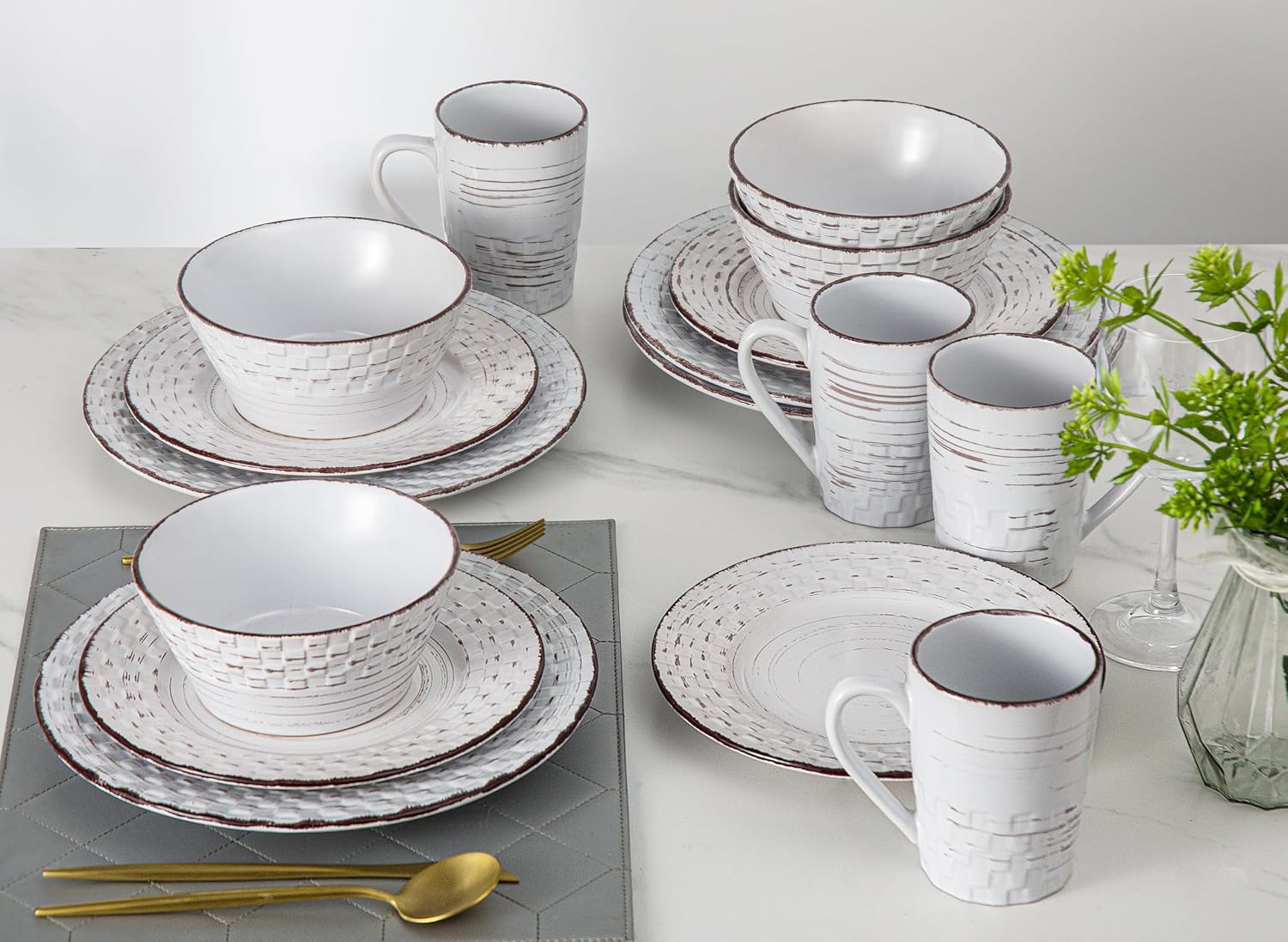 Lorren Home Trends Distressed Weave Dinnerware Set, Buttercup, 16 Piece | Service for 4