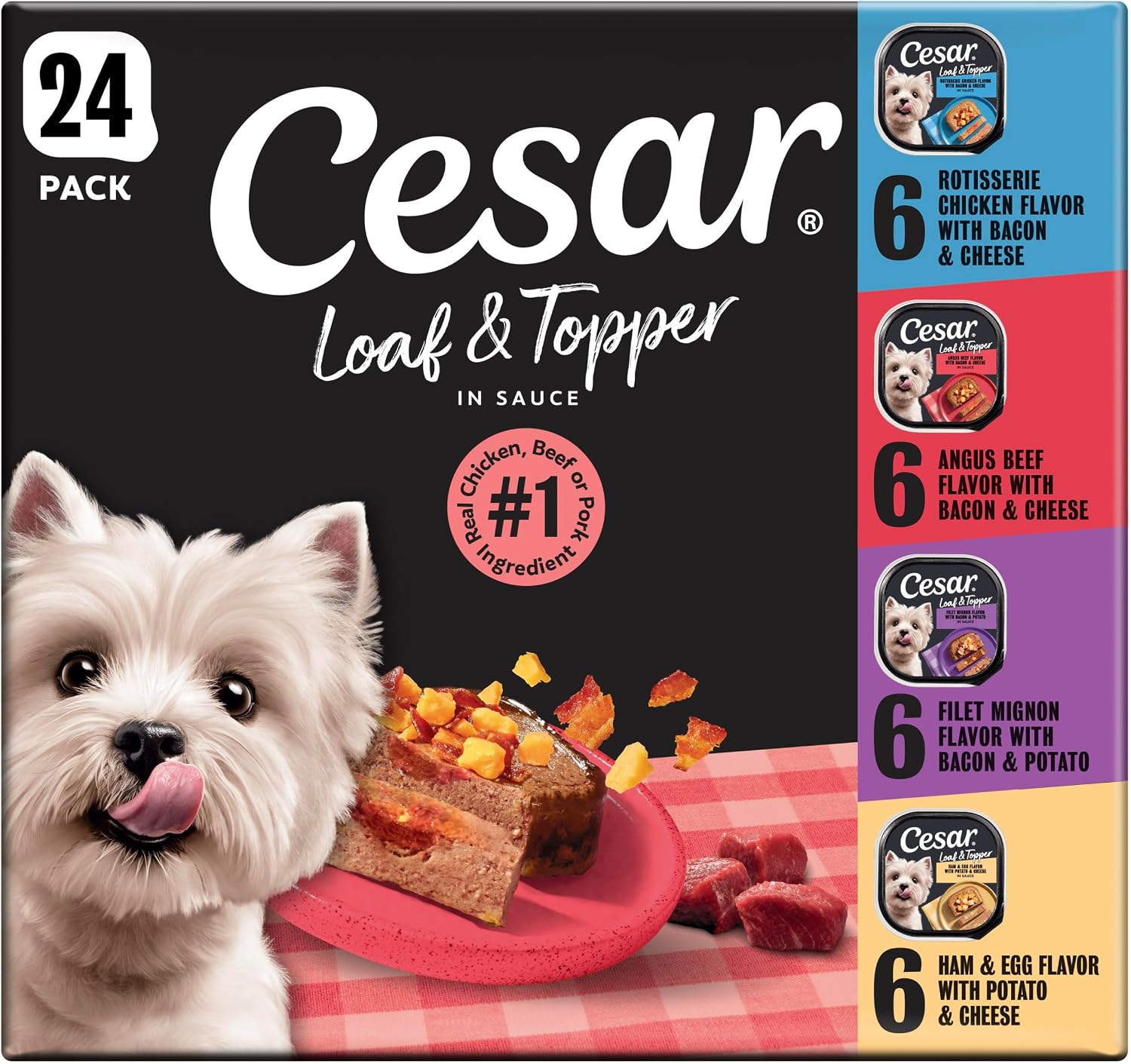 Cesar Loaf & Topper Wet Dog Food, Chicken & Filet, 3.5 oz, 12 Count, 2-Pack | Real beef or chicken #1 ingredient, no fillers or added sugar, no artificial flavors, complete & balanced, easy peel trays
