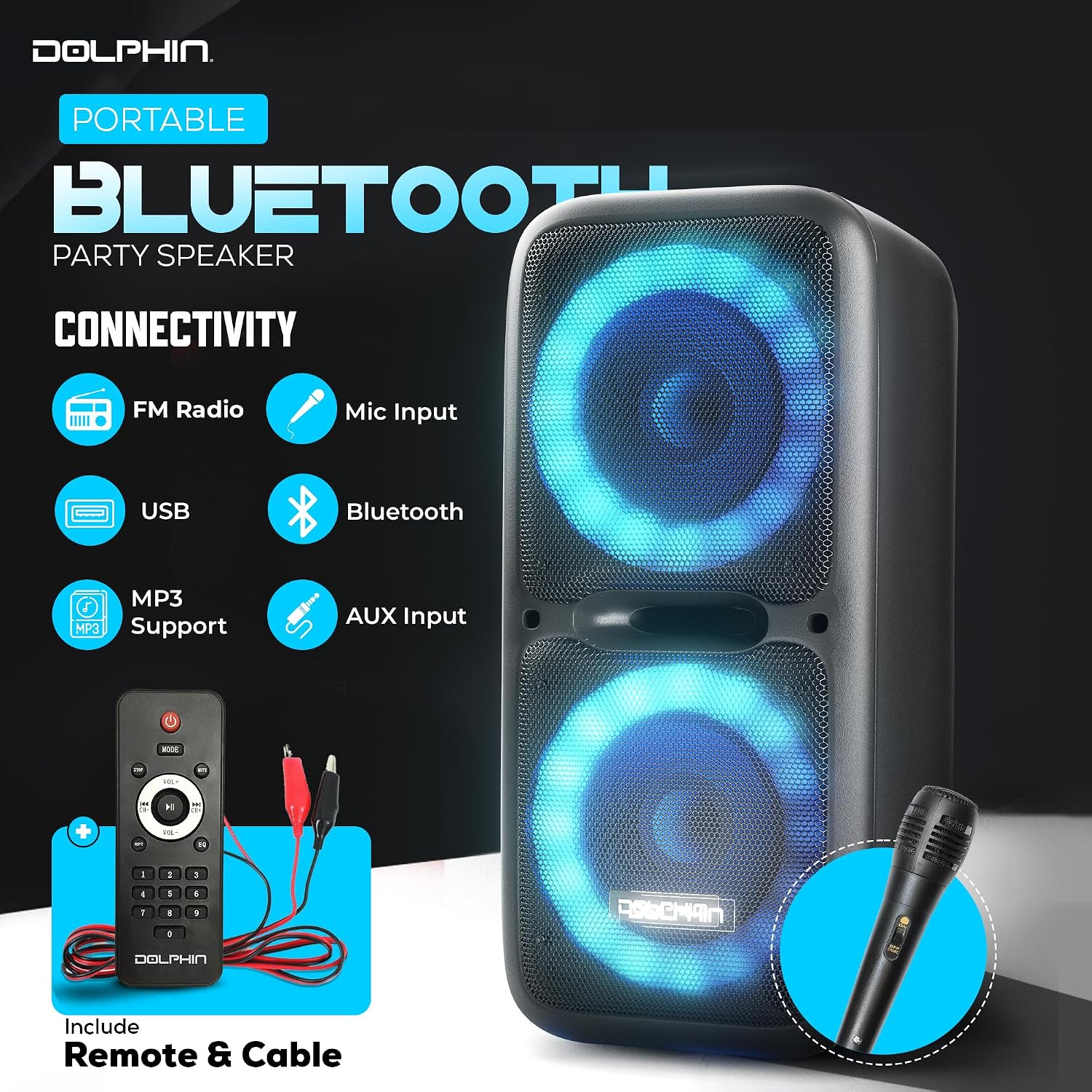 Dolphin Bluetooth Party Speaker with Wired Microphone, Dual 12" Woofers | 5-Band EQ, Hi-Fi Amplifier, Multicolor LED Lights, USB & AUX Playback