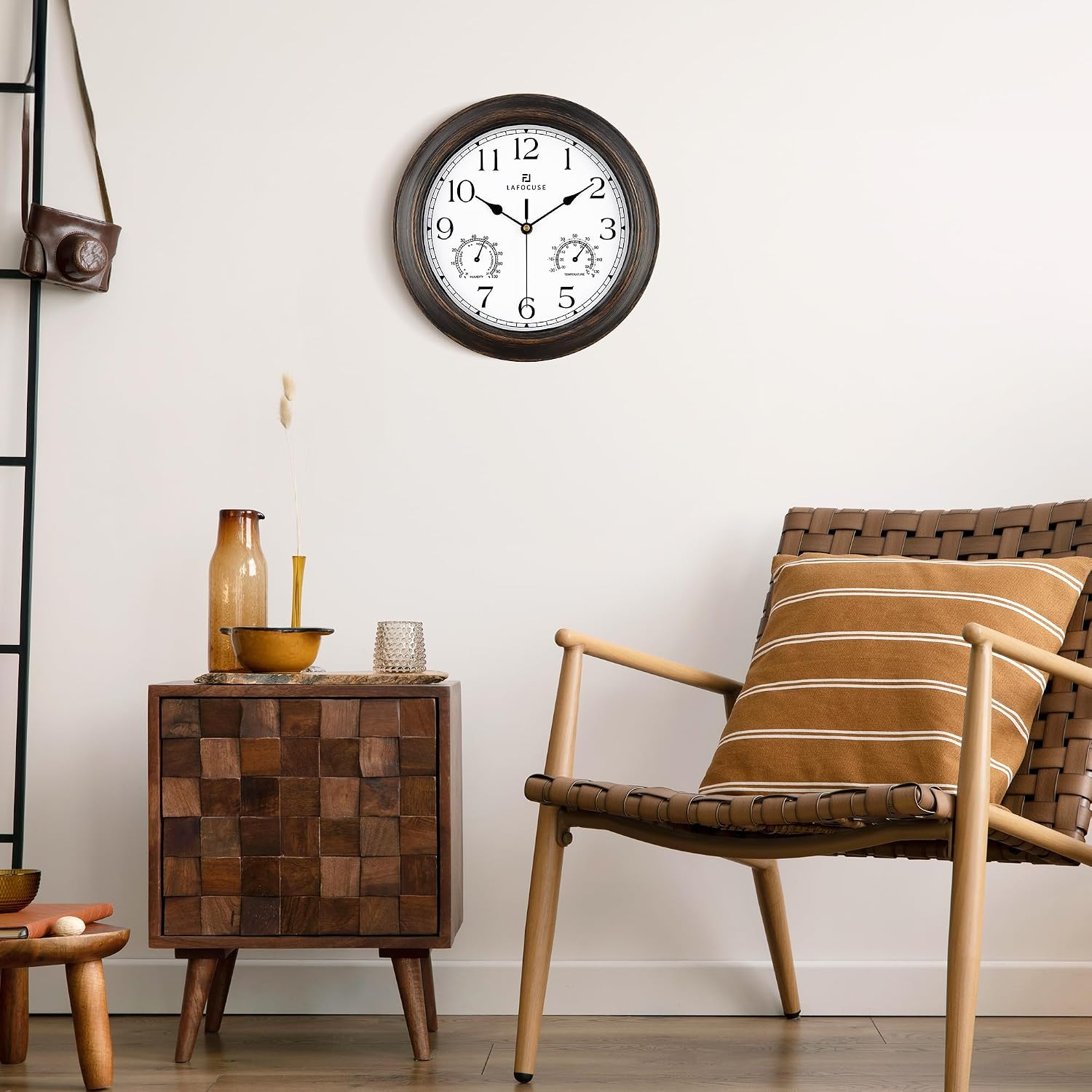 Lafocuse 12 Inch Brown Outdoor Wall Clocks with Temperature and Humidity
