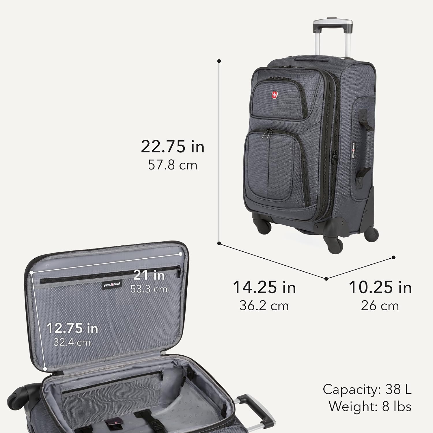SWISSGEAR Sion Carry-On Spinner Luggage, Softside Expandable, Lightweight Suitcase, Dark Grey, 22.75-Inch