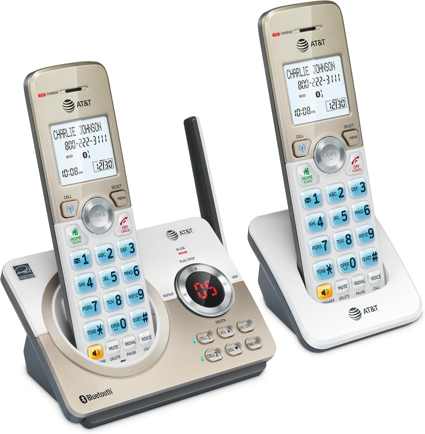 AT&T DL72219 DECT 6.0 2-Handset Cordless Phone for Home with Connect to Cell, Call Blocking, 1.8" Backlit Screen, Big Buttons, intercom