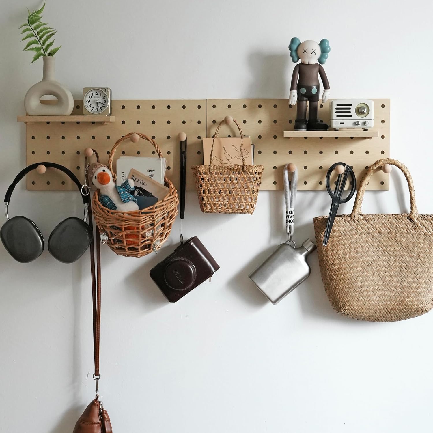 Wooden Pegboard Modular Display Organization Storage Wall Hooks Shelf(Color:Oak)